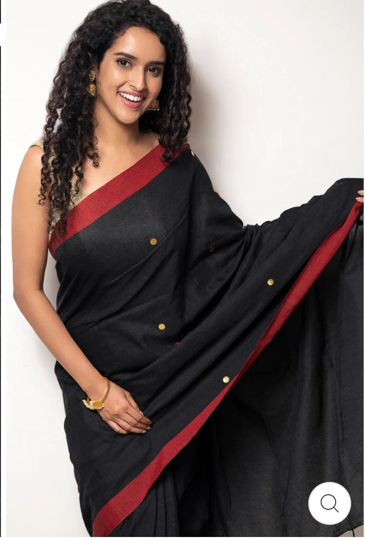 HANDLOOM PURE COTTON MIRROR WORK SAREE - BLACK