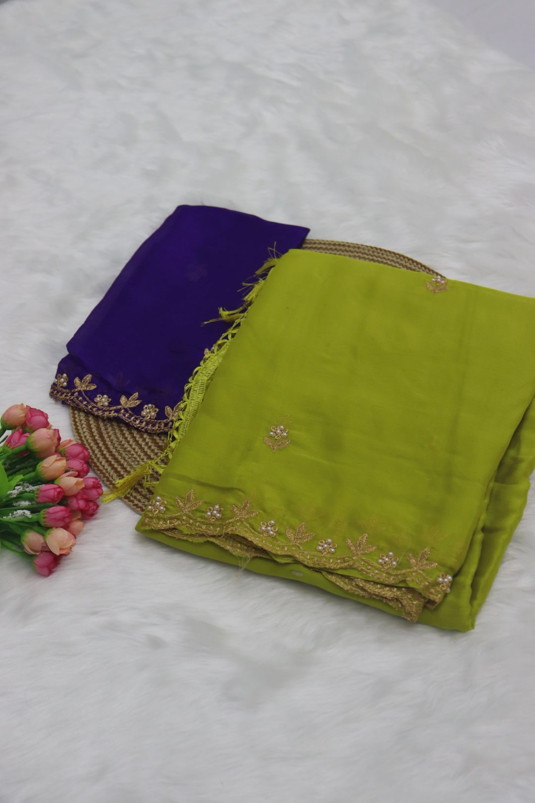 DESIGNER GEORGETTE SAREE WITH  A BLOUSE PIECE - CHARTREUSE GREEN