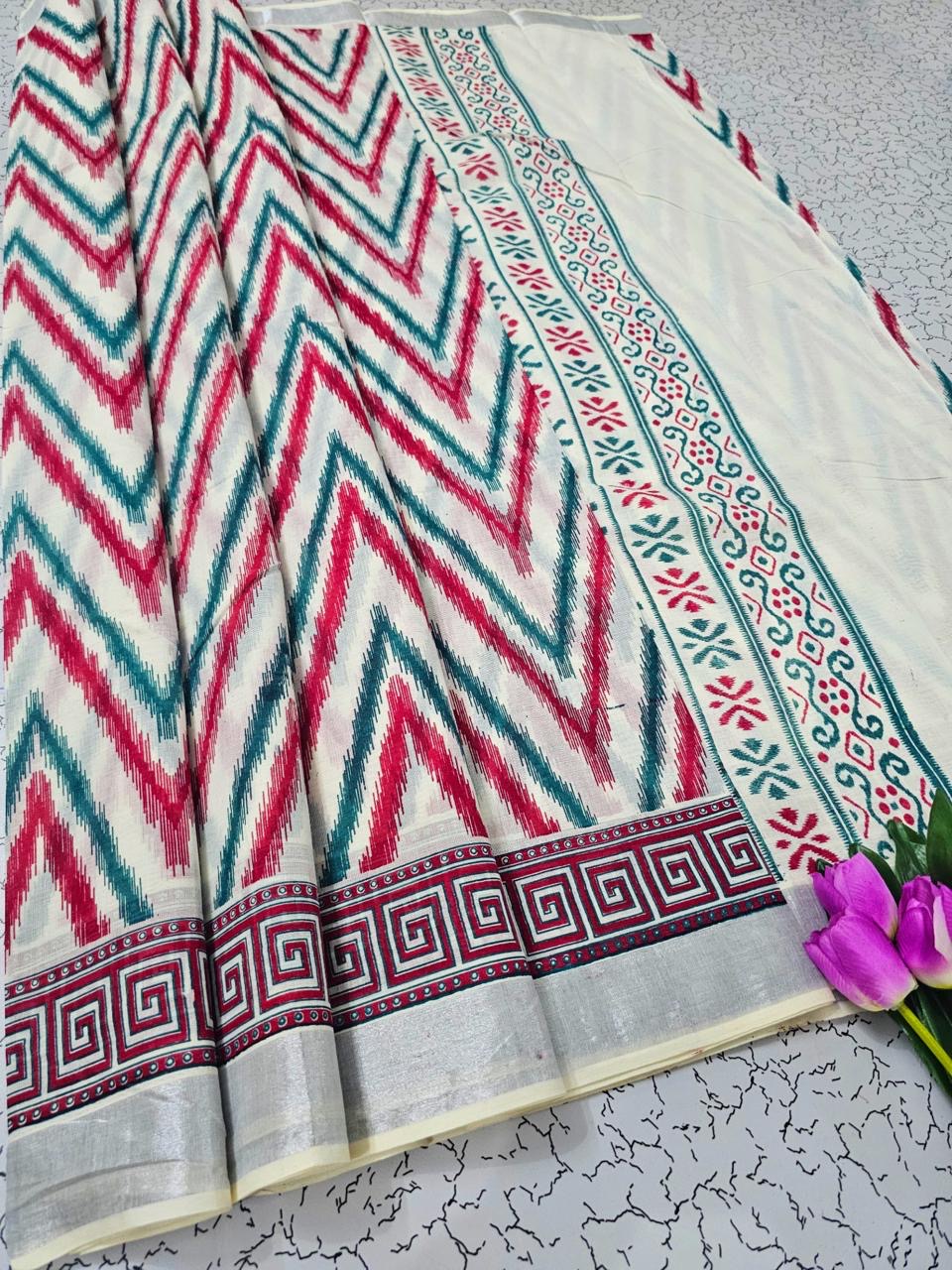 PRINTED WORK KERALA COTTON SAREES - OFF WHITE
