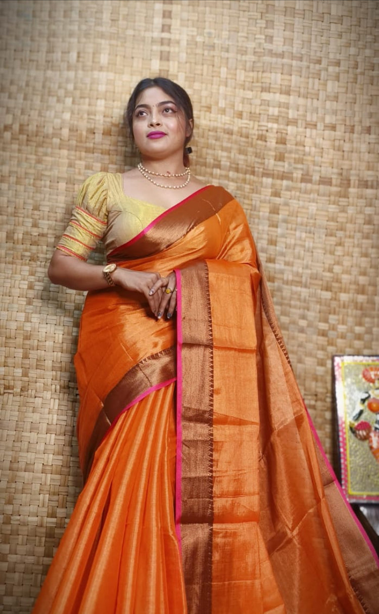 TRENDING TISSUE HANDLOOM SAREE - ORANGE