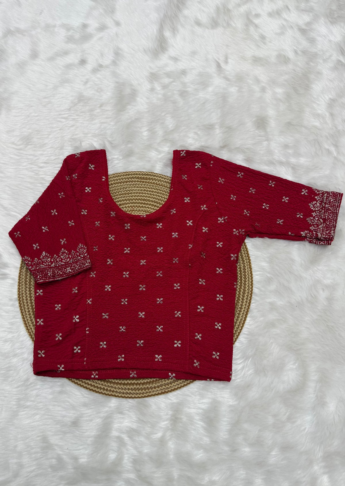 FLORAL BUTTI WORK STRETCHABLE BLOUSE - RED