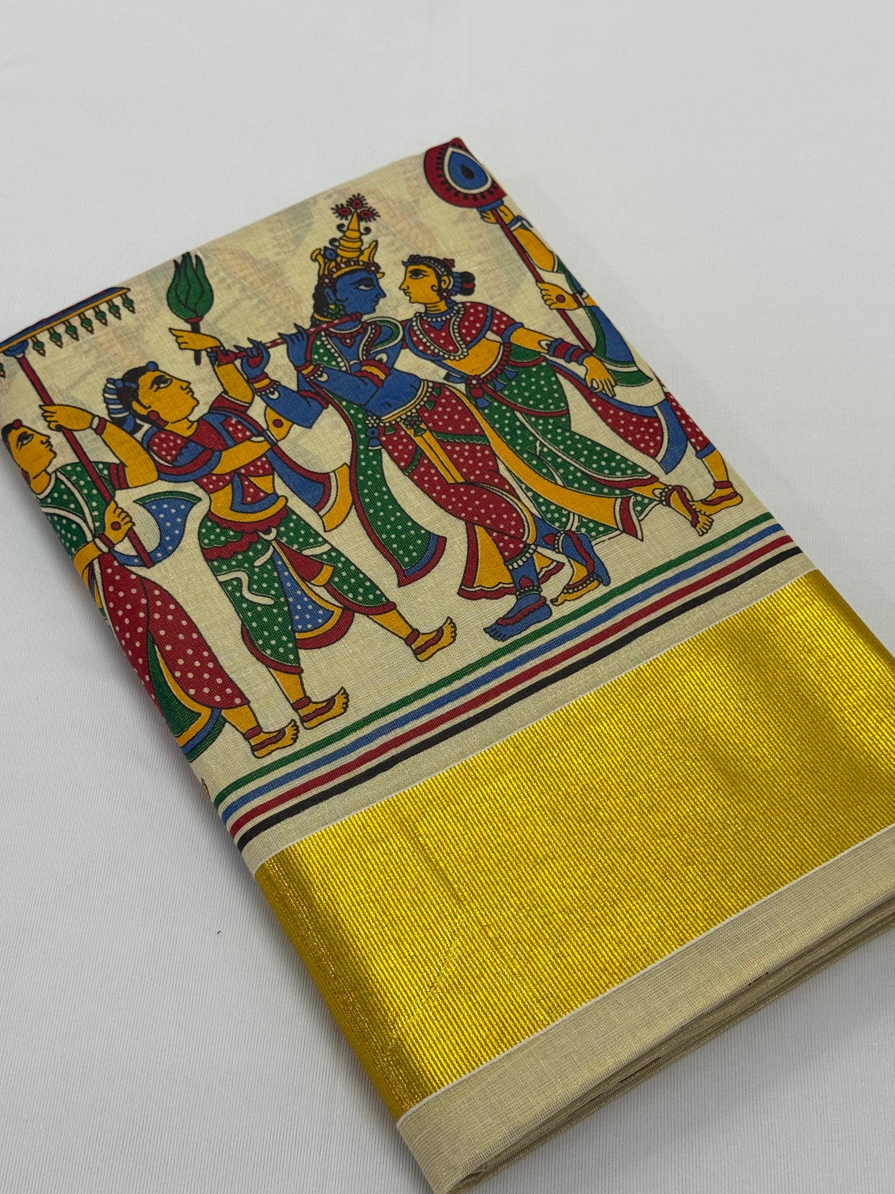 MURAL PAINTED/PRINTED KASAVU TISSUE SAREE (GOLD)