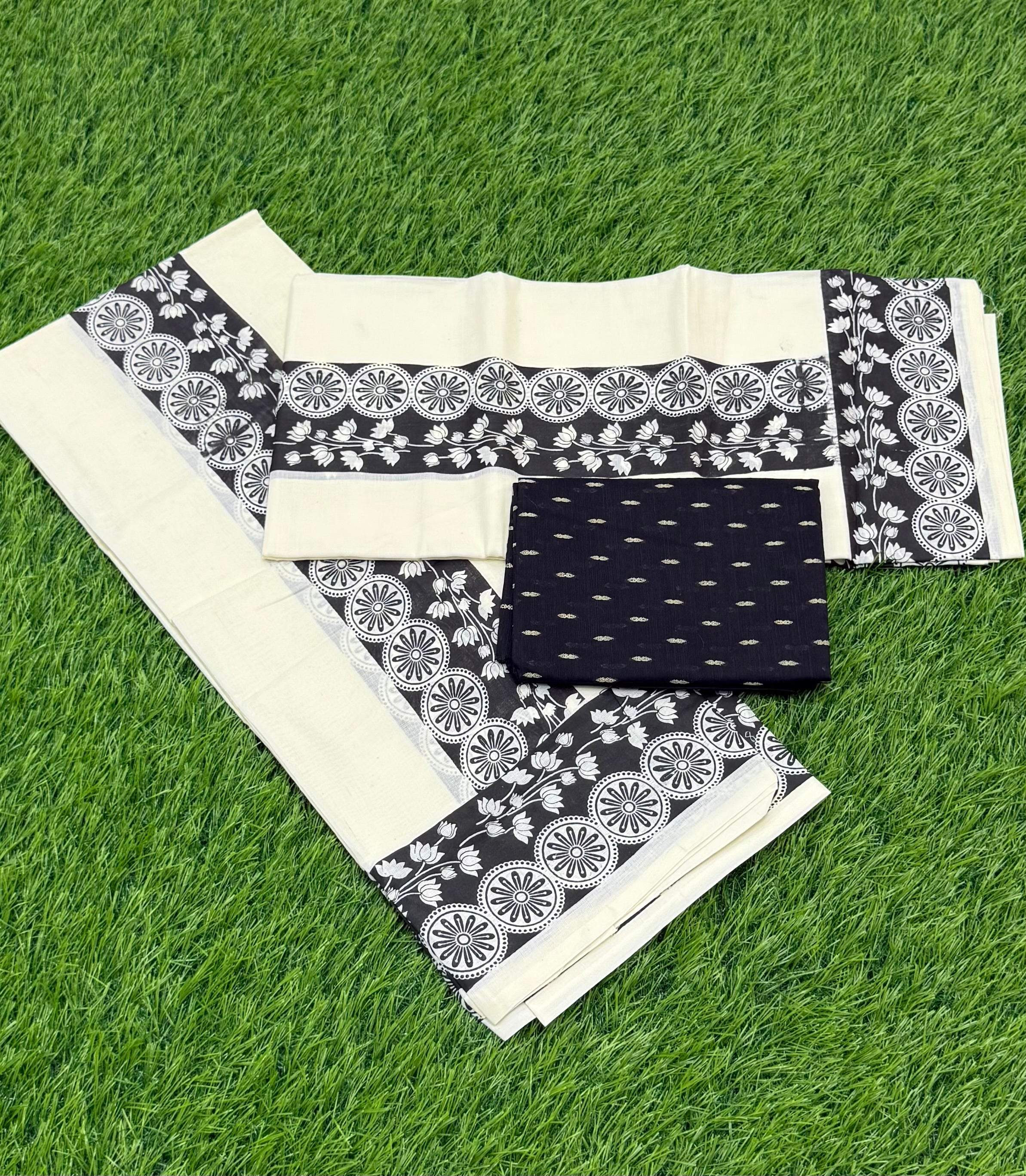 FANCY PRINTED SINGLE SET MUNDU (MUNDUM NERIYATHUM) WITH BLOUSE PIECE - 2 X 2.80 MTRS