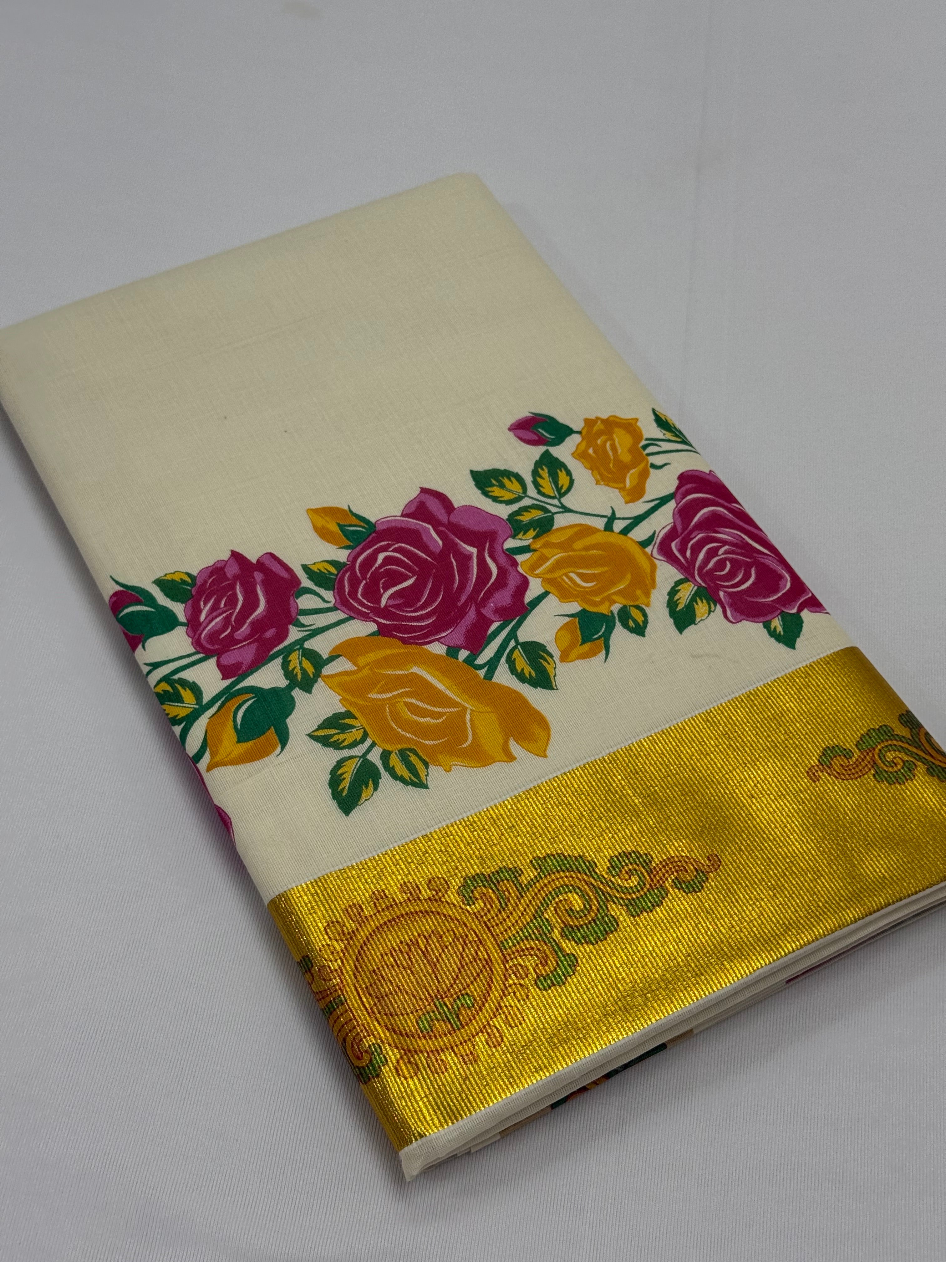 MURAL PAINTED/PRINTED KASAVU COTTON SAREE (GOLD)