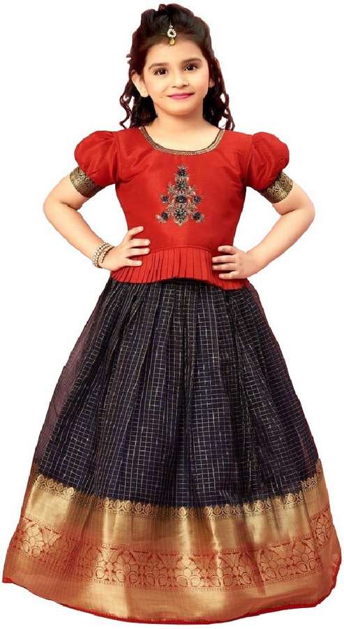 GIRL'S TISSUE CHECKS  READYMADE PATTU PAVADAI/LEHENGA CHOLI - RED & DARK BLUE
