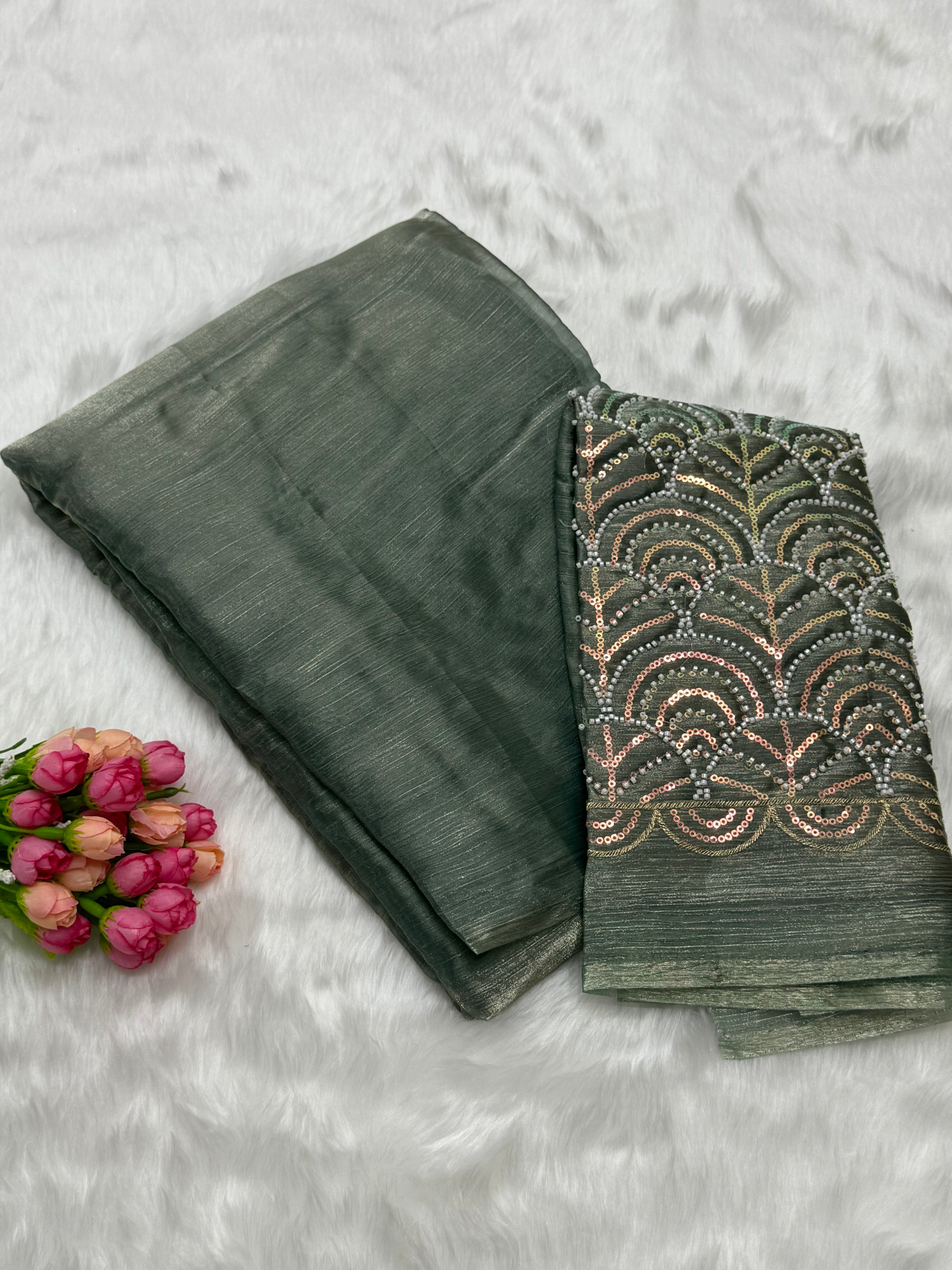 PREMIUM SPACE SILK SAREE WITH A MATCHING BLOUSE PIECE - WINTER GREEN