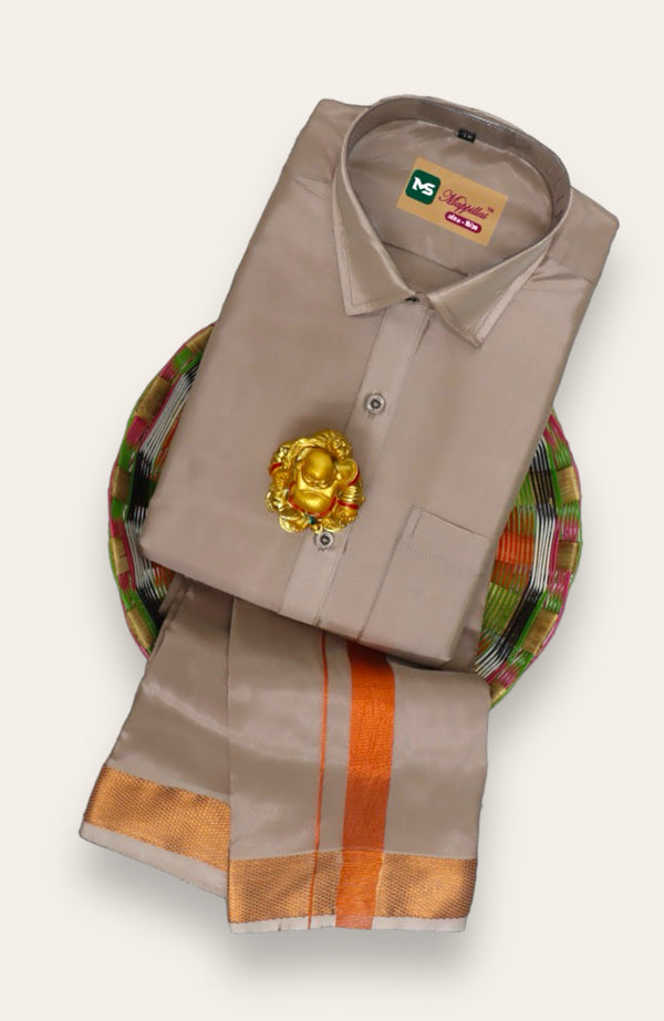 MEN'S PREMIUM SILK VELCRO DHOTI SHIRT SET - SANDSTONE