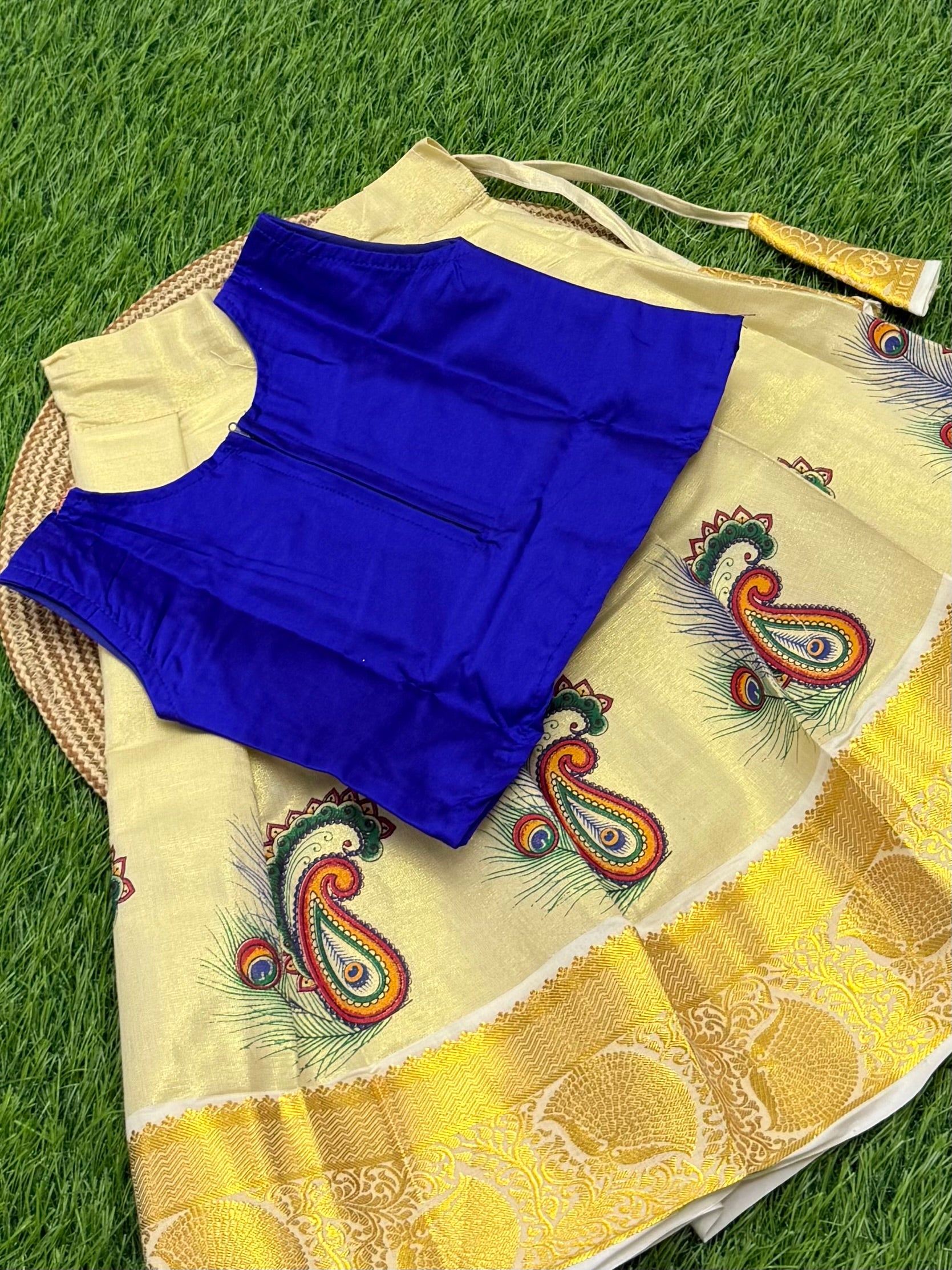 KIDS GIRL'S PATTU PAVADAI -  CREAM & BLUE