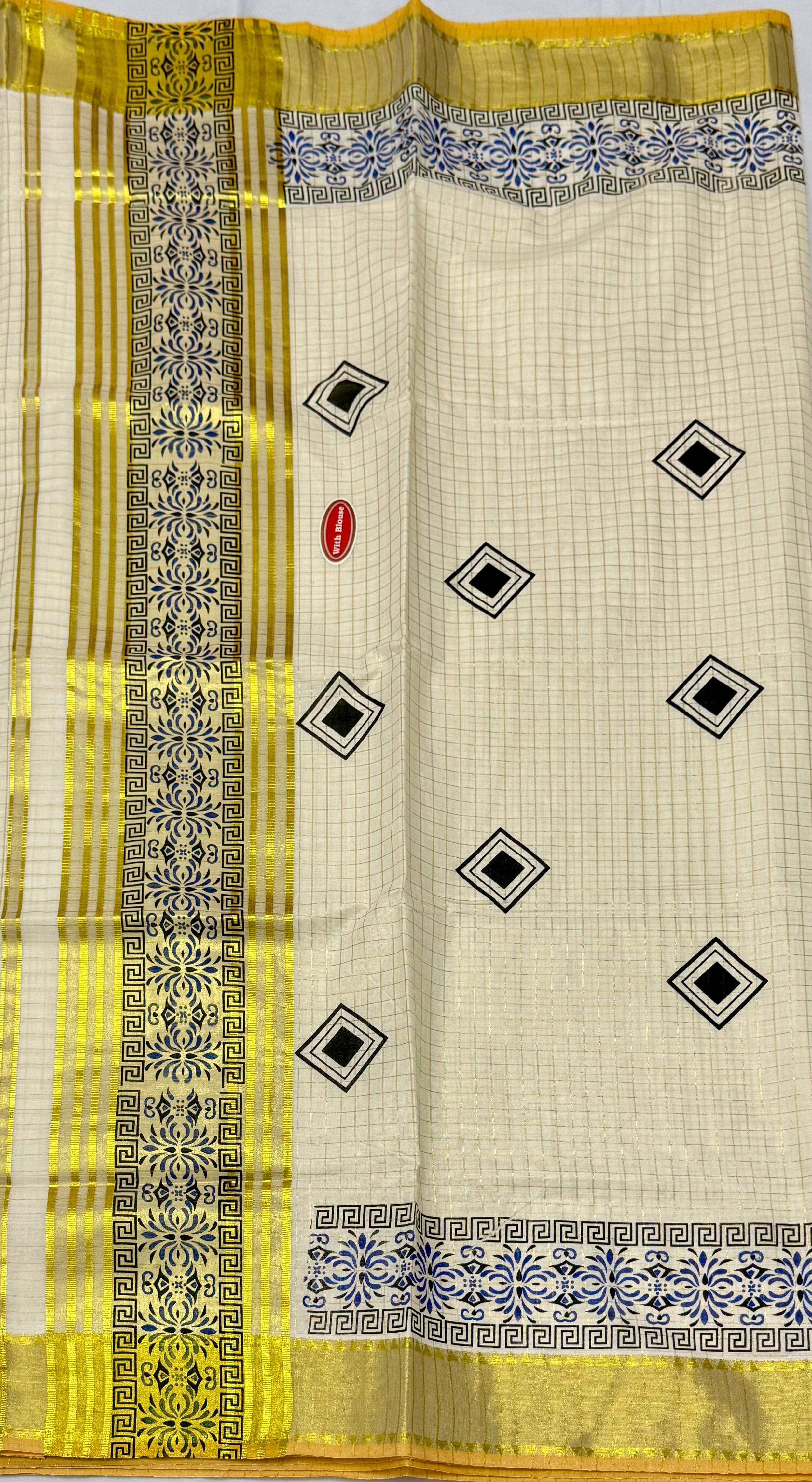 TRADITIONAL PRINTED KASAVU TISSUE CHECKED SAREE (OFF WHITE,GOLD,BLACK)
