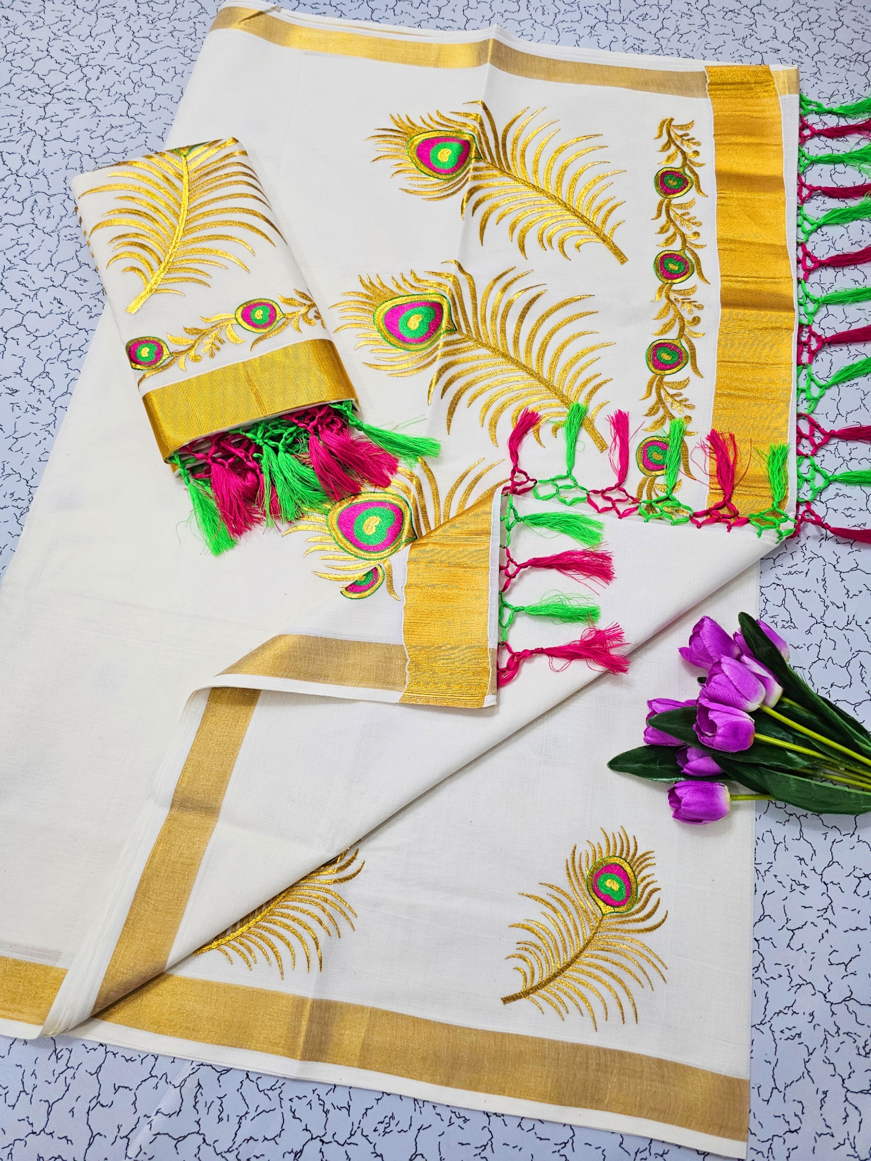KERALA FANCY PEACOCK FEATHER EMBROIDERED SAREE (GOLD)