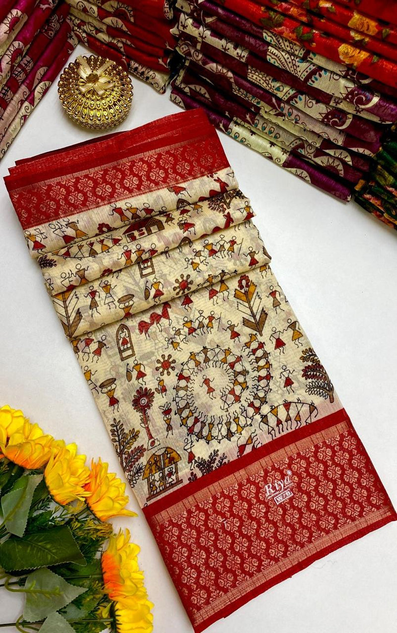 DOLLA SILK SAREE WITH GRAND BANARASI BORDER - OFFWHITE & RED