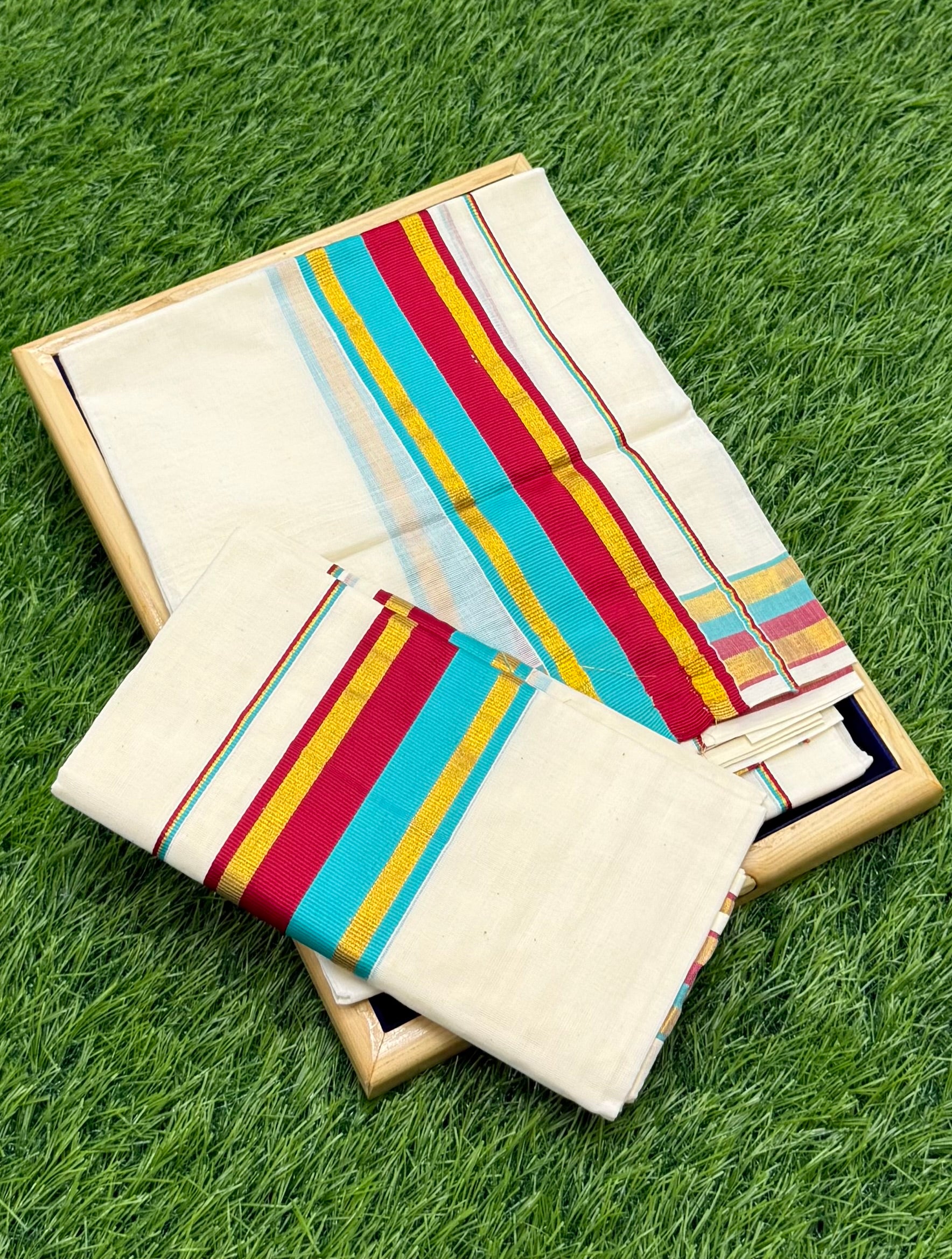 KASAVU COTTON STRIPE PATTERN SINGLE SET MUNDU (MUNDUM NERIYATHUM) - 2 X 2.80 MTRS - (OFF WHITE)