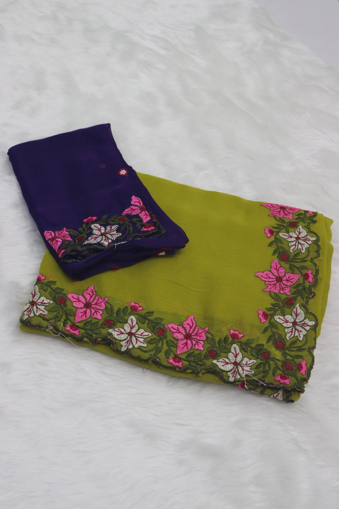 DESIGNER GEORGETTE SAREE WITH BLOUSE PIECE - GREENISH YELLOW