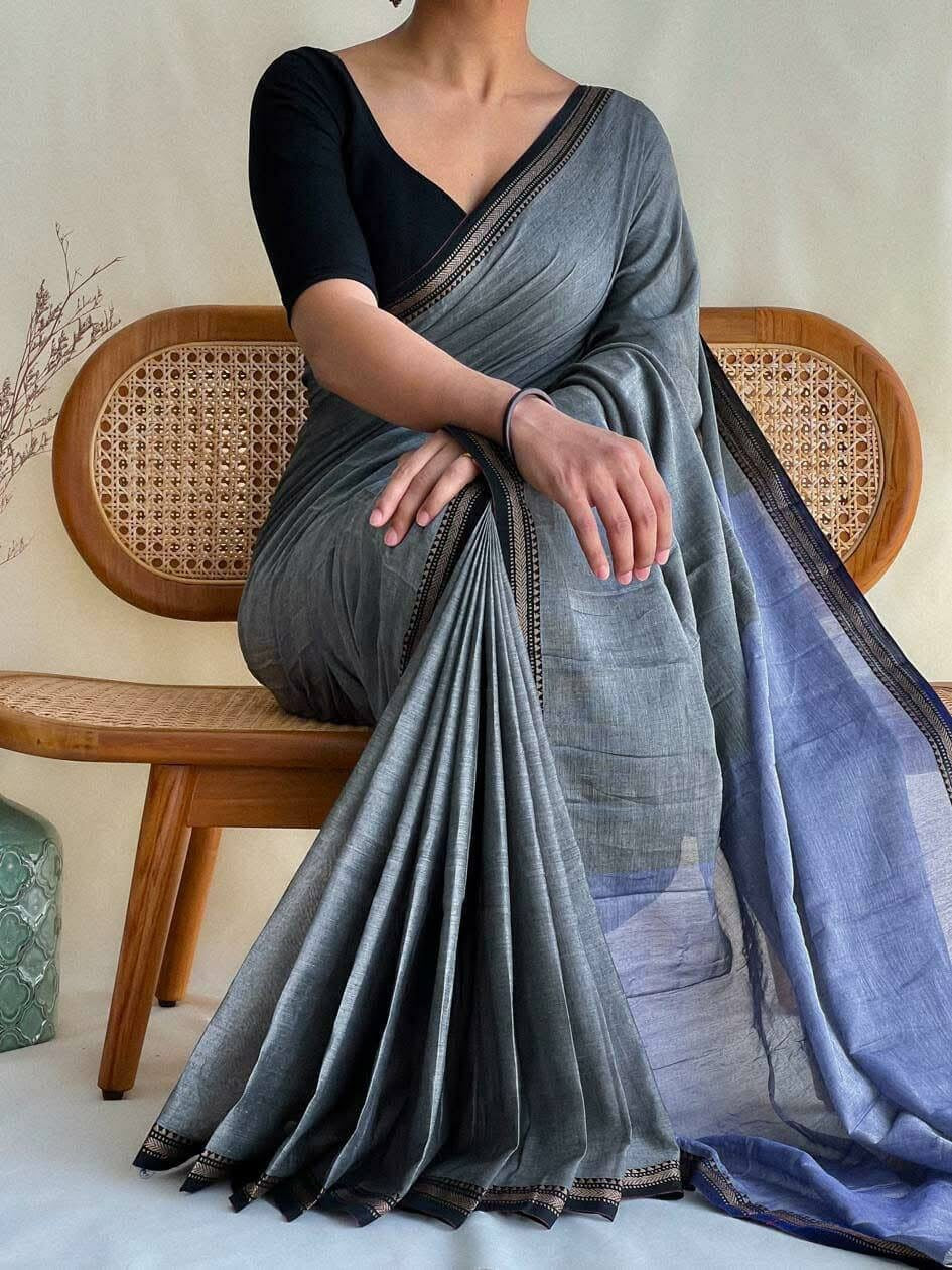 TRNDING SMALL BORDER KHADI COTTON SAREE - GREY