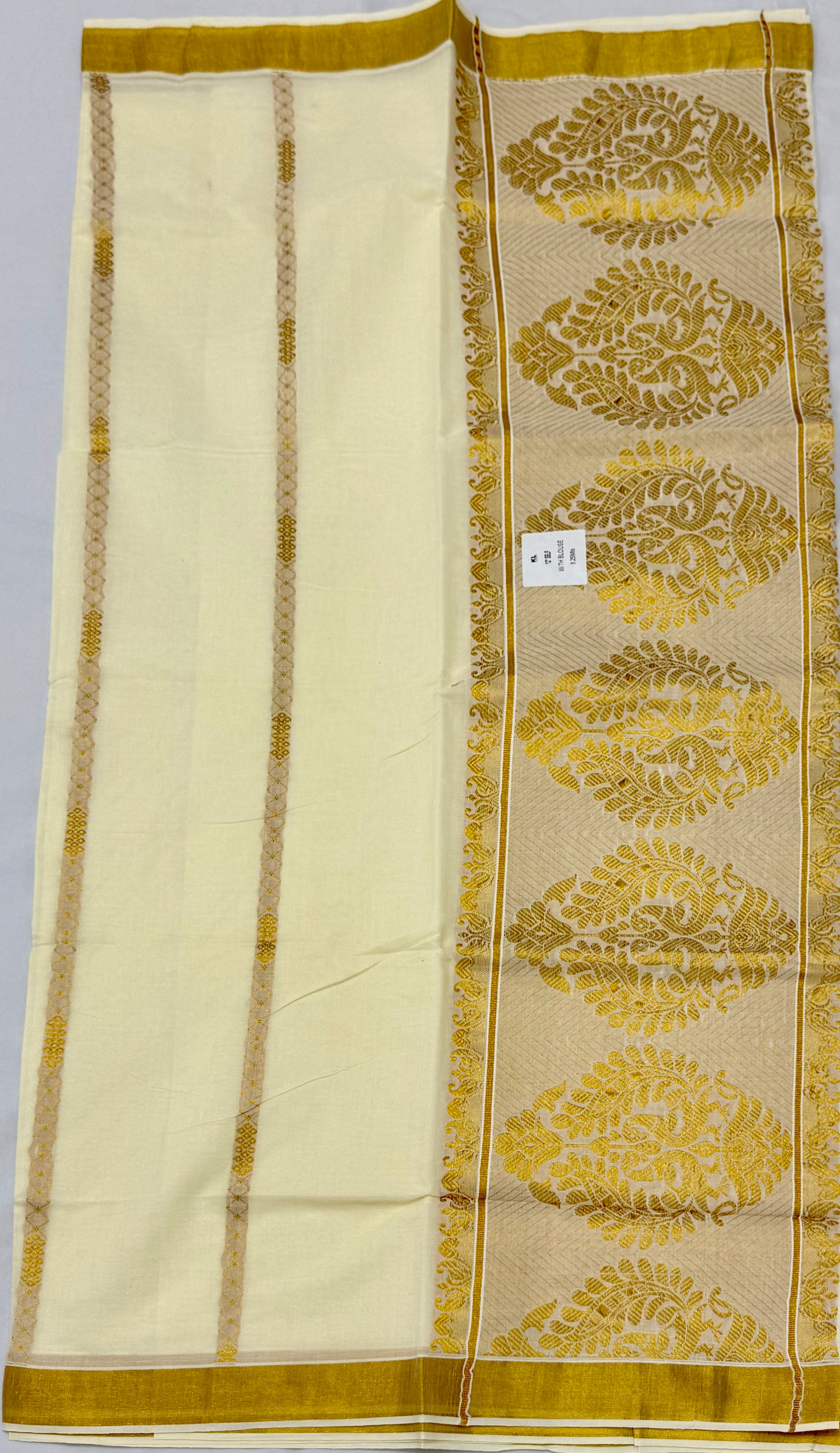 KERALA KASAVU SAREE WITH HEAVY GOLD ZARI PALLU - (OFF WHITE,GOLD)