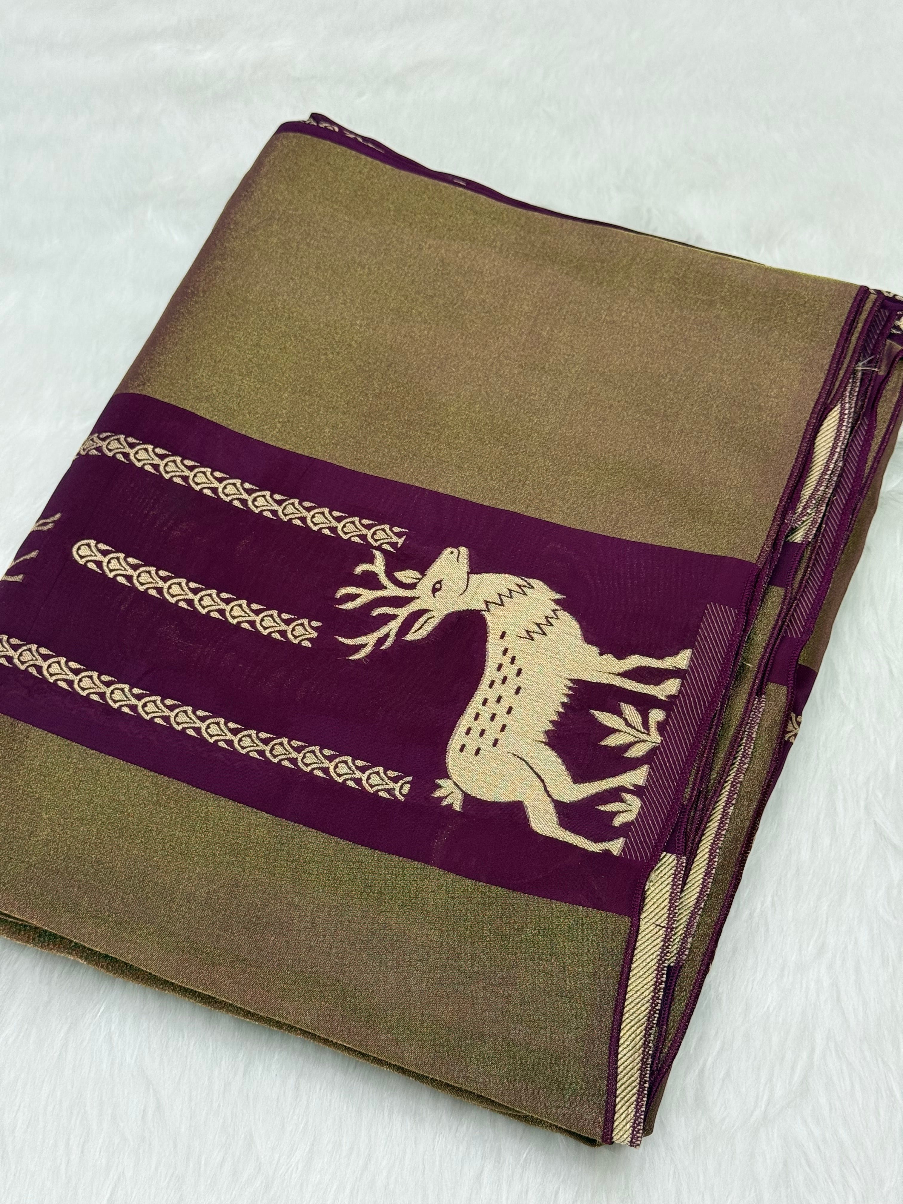 PREMIUM DEER EMBOSSED CHINON CREPE SAREES - DEEP WINE