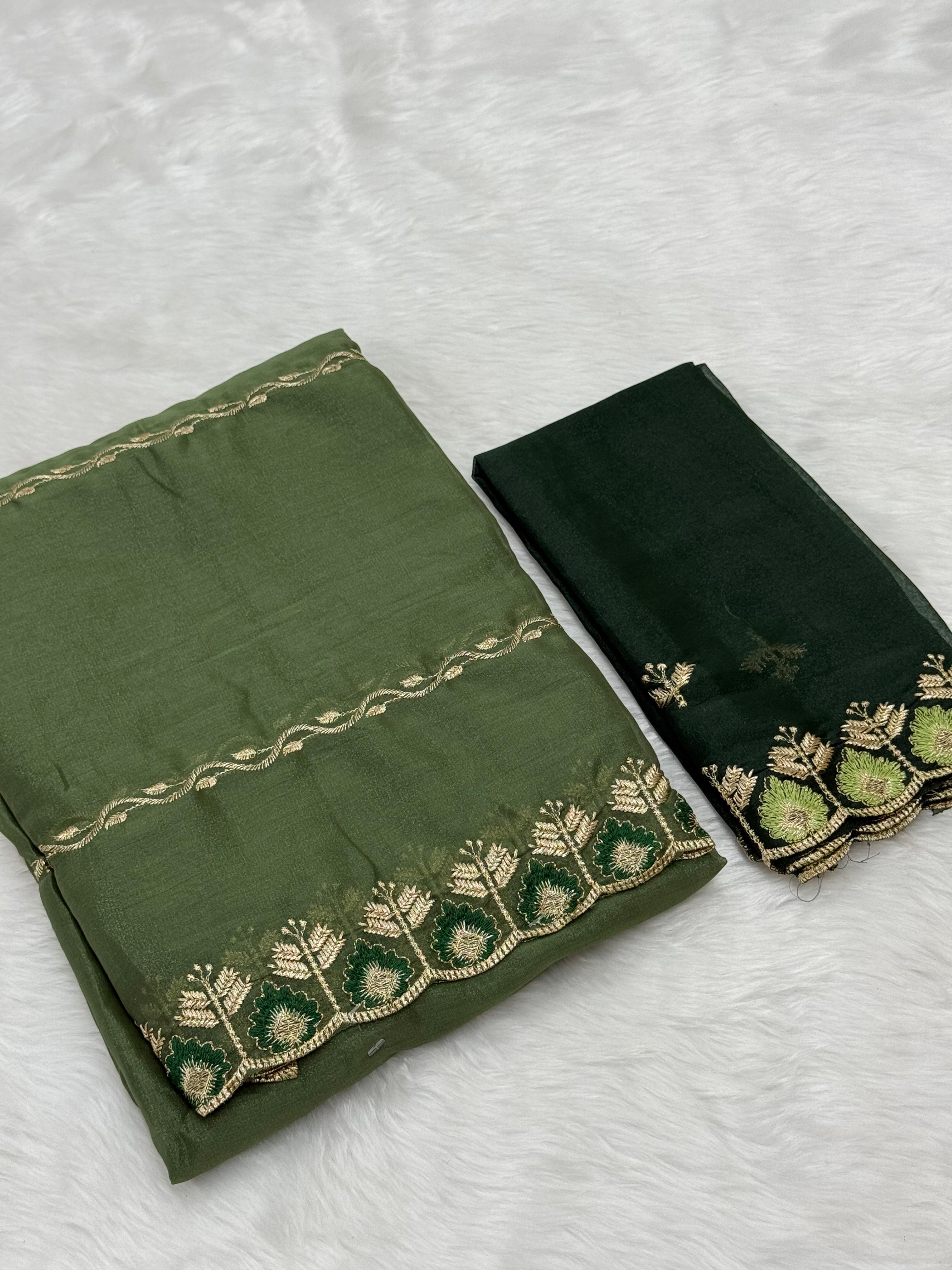 CHIFFON GEORGETTE DESIGNER  SAREE - HUNTER GREEN