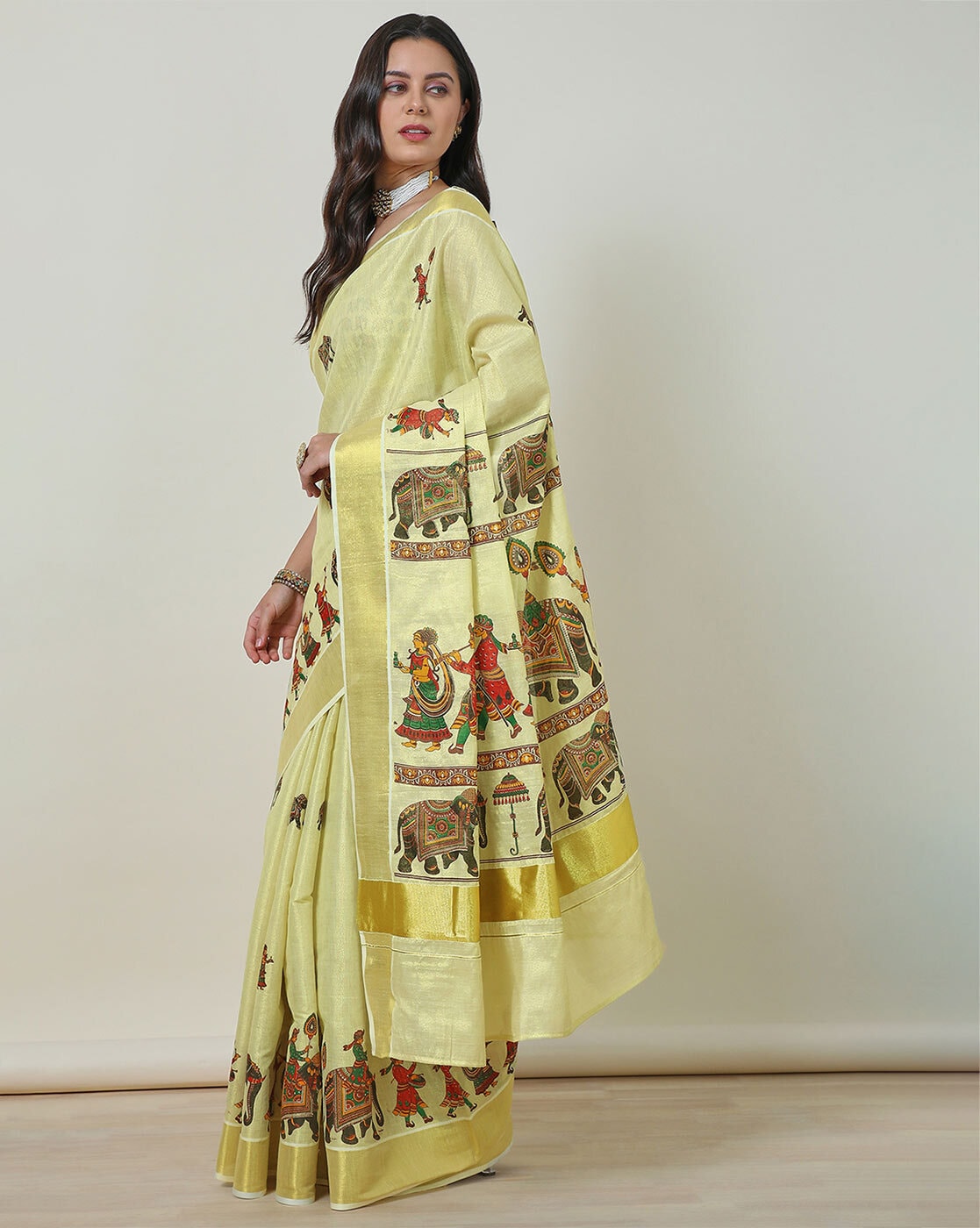 MURAL PAINTED KASAVU TISSUE SAREE (GOLD)