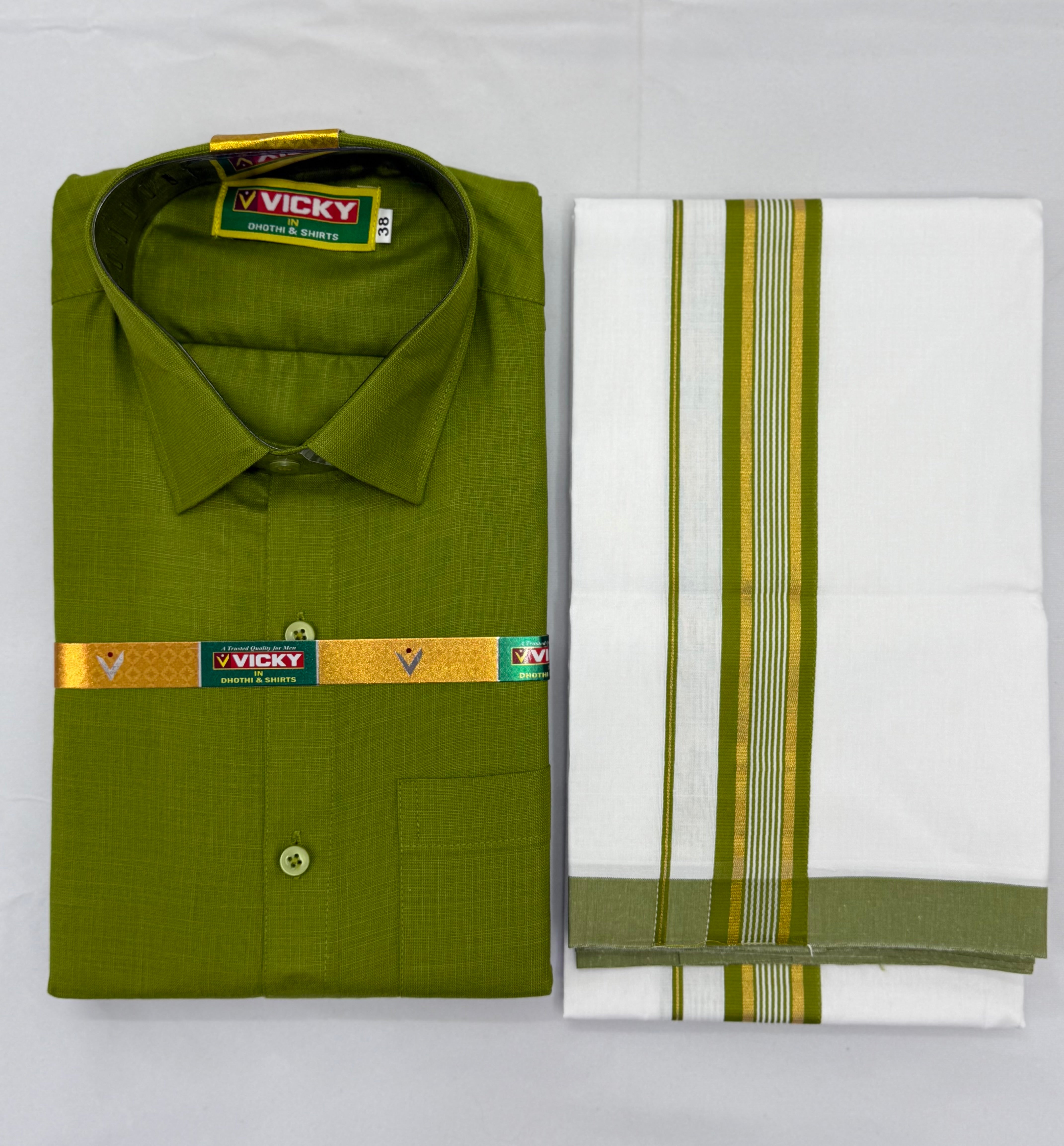MEN'S MATCHING FANCY BORDER SINGLE DHOTI & SHIRT SET - OLIVE GREEN