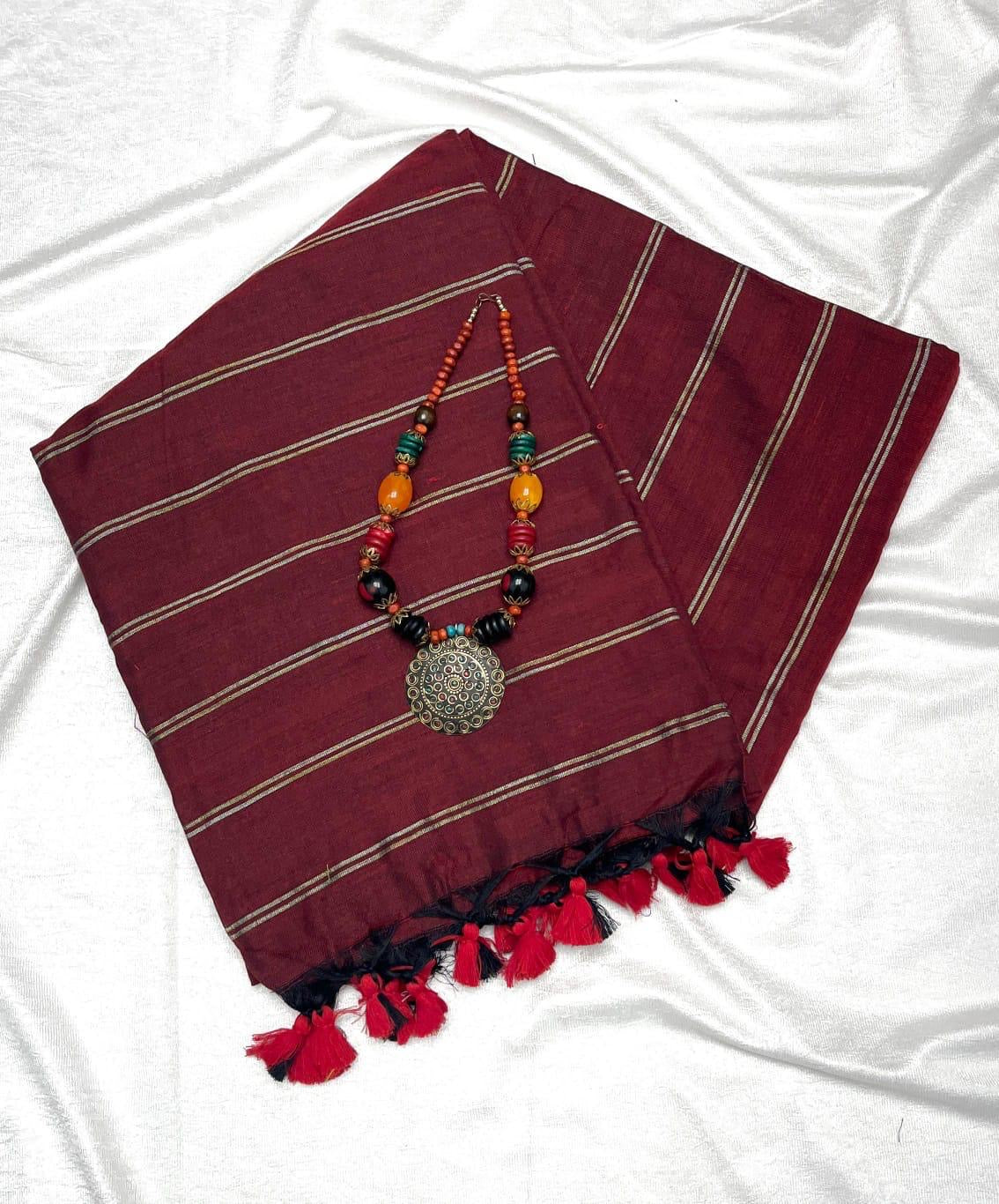 PREMIUM DUAL STRIPE KHADI COTTON SAREES - RED
