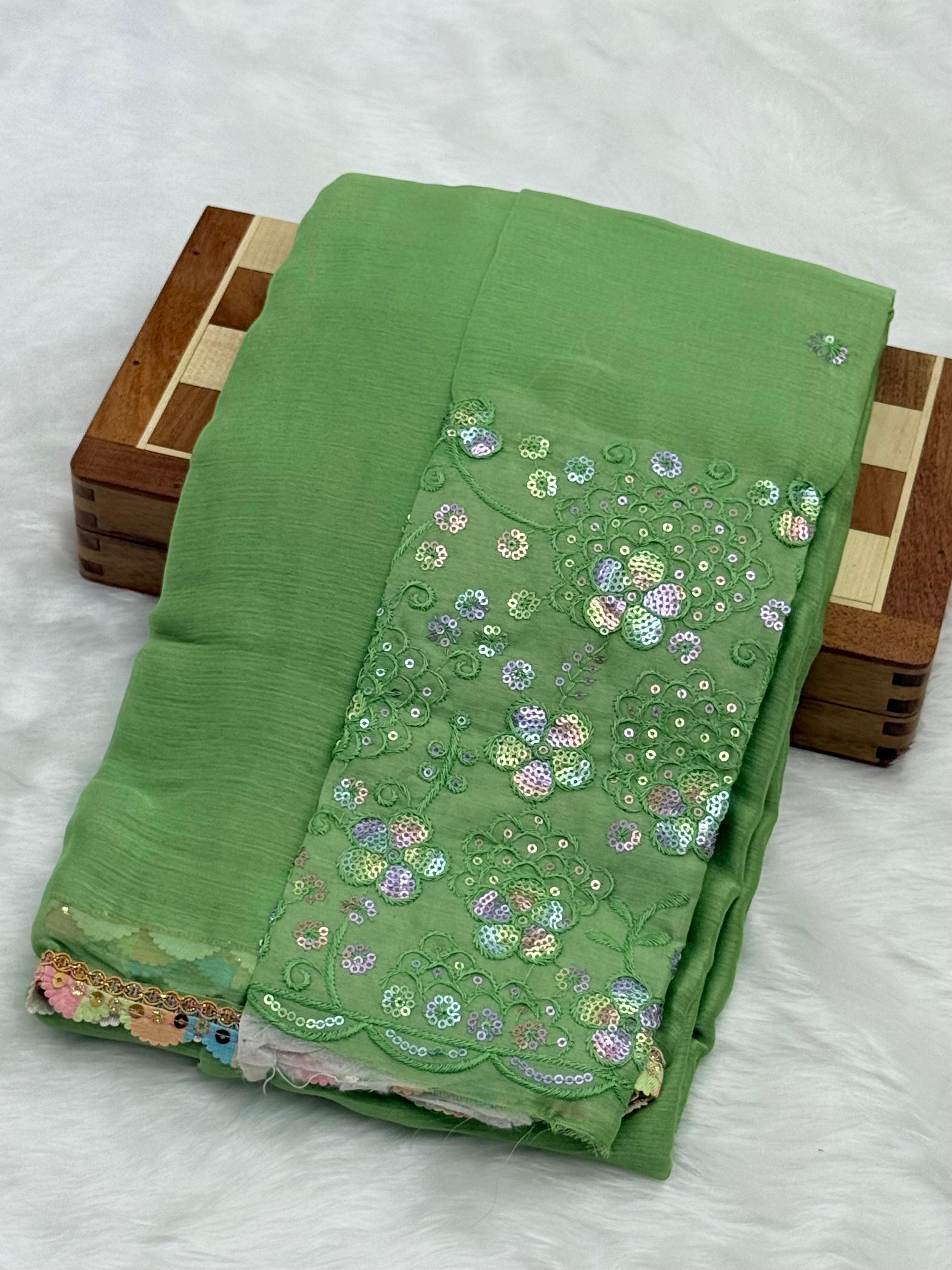 FANCY LACE BORDER CHIFFON SAREE - PISTACHIO