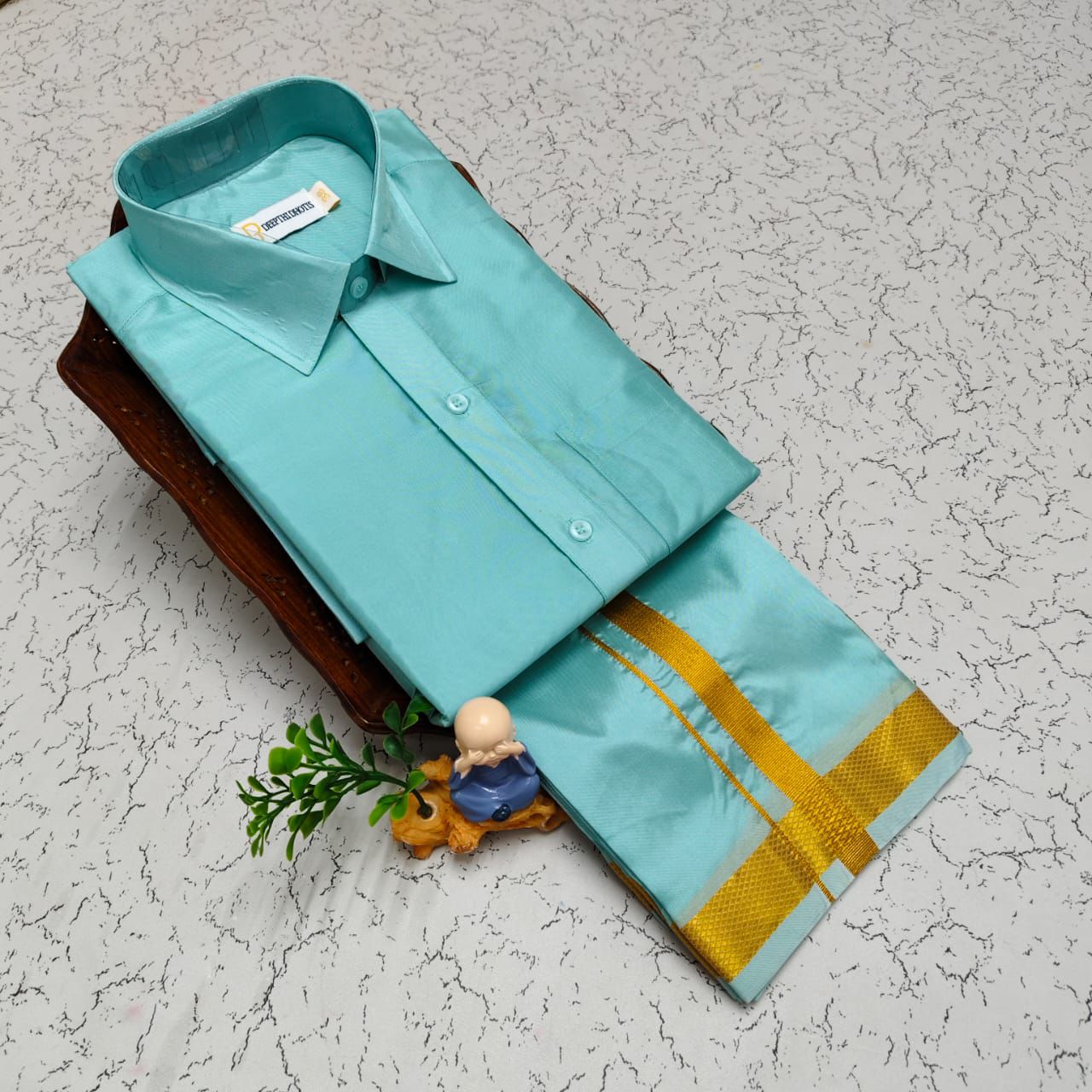 MEN'S PREMIUM SILK VELCRO DHOTI SHIRT SET - PASTEL GREEN