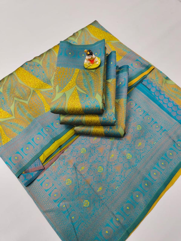 KUBERA ELITE BRIDAL FANCY SILK SAREE - YELLOW & TEAL