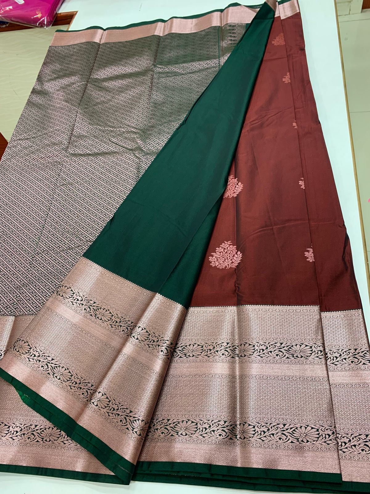 SEMI KANCHI SILK SAREE - BROWN & GREEN