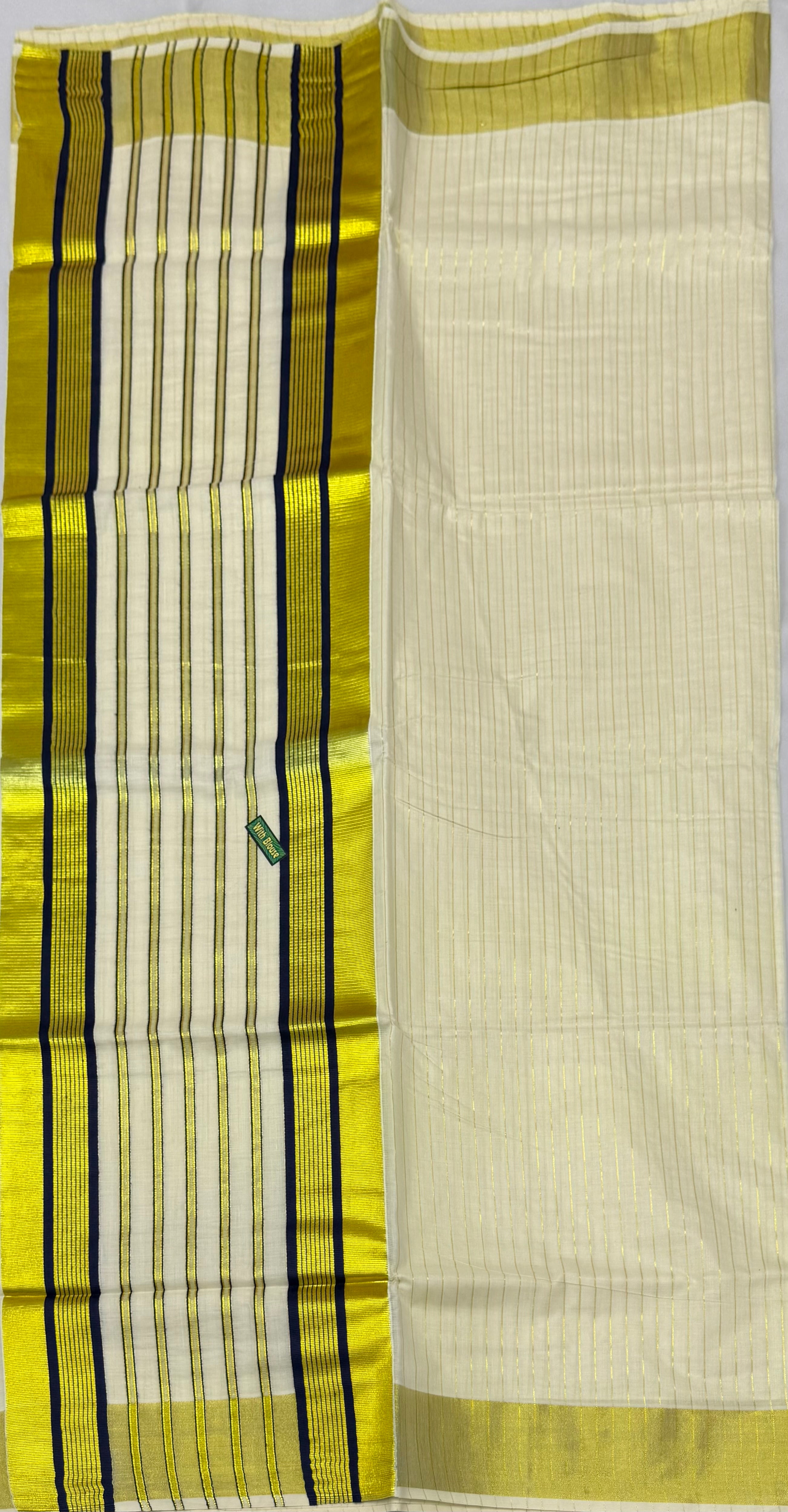 KERALA KASAVU COTTON STRIPES PATTERN SAREE - (OFF WHITE,GOLD,NAVYBLUE)