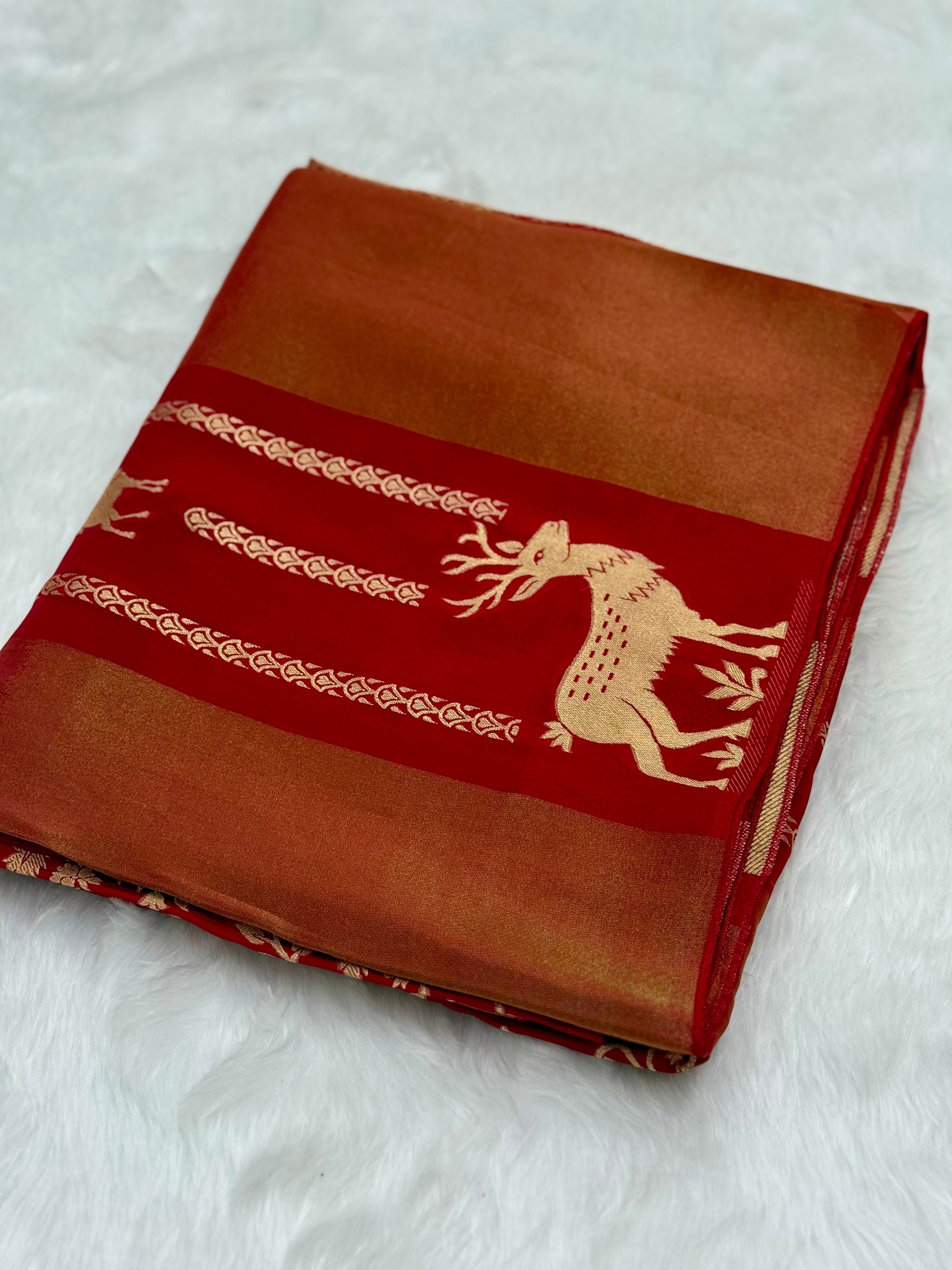 PREMIUM DEER EMBOSSED CHINON CREPE SAREES - RED
