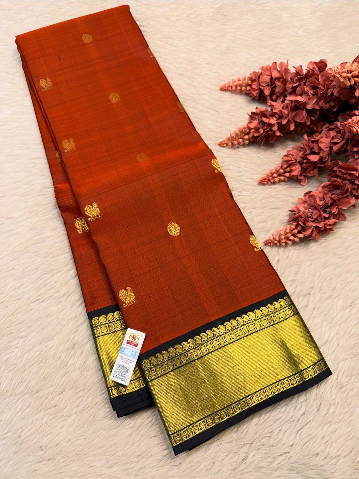 KANCHIPURAM PURE SILK SAREE | SILKMARK® CERTIFIED - RUST ORANGE