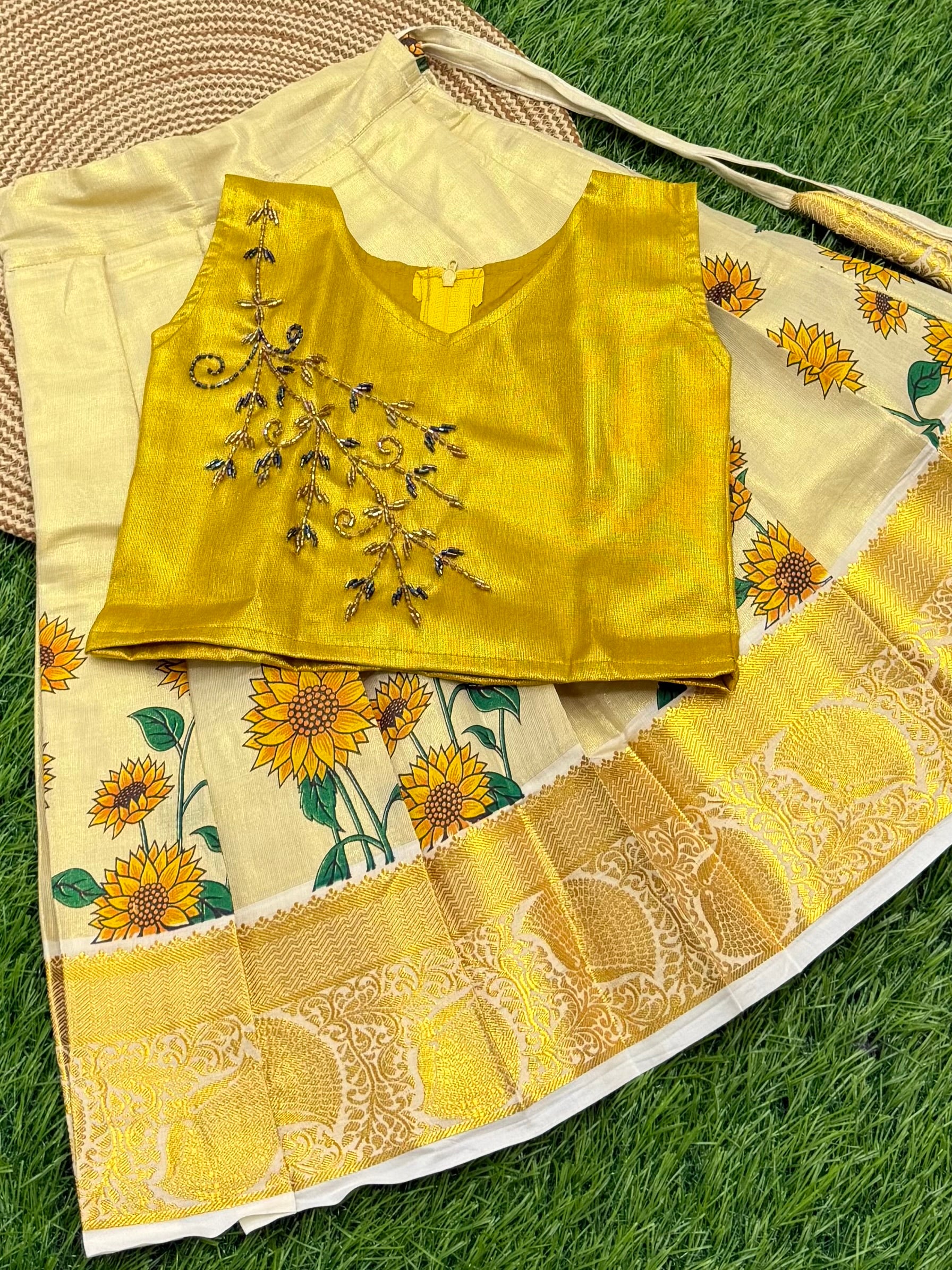 KIDS GIRL'S PATTU PAVADAI - CREAM & YELLOW