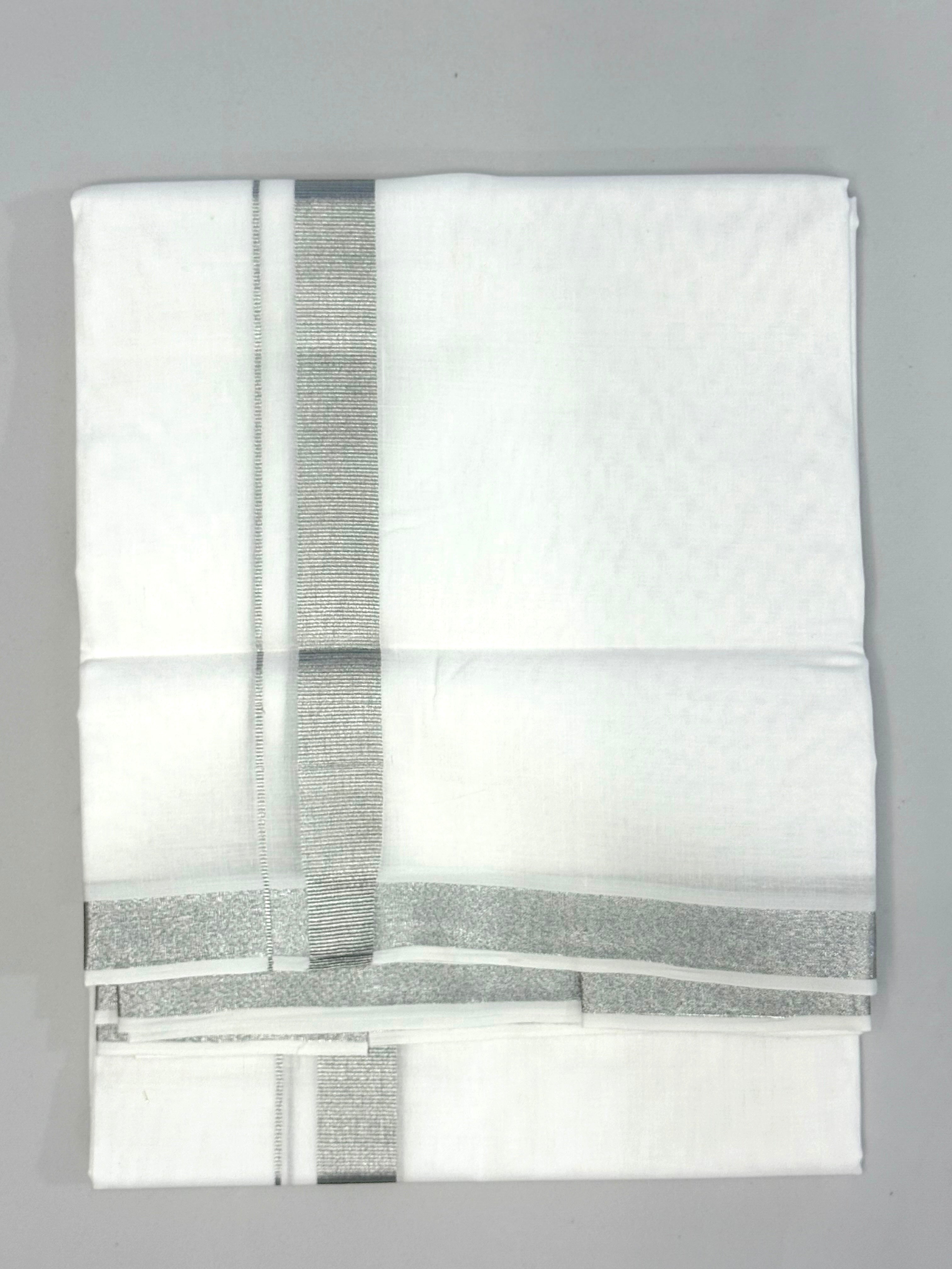 MEN'S DOUBLE DHOTI WHITE WITH SILVER ZARI BORDER