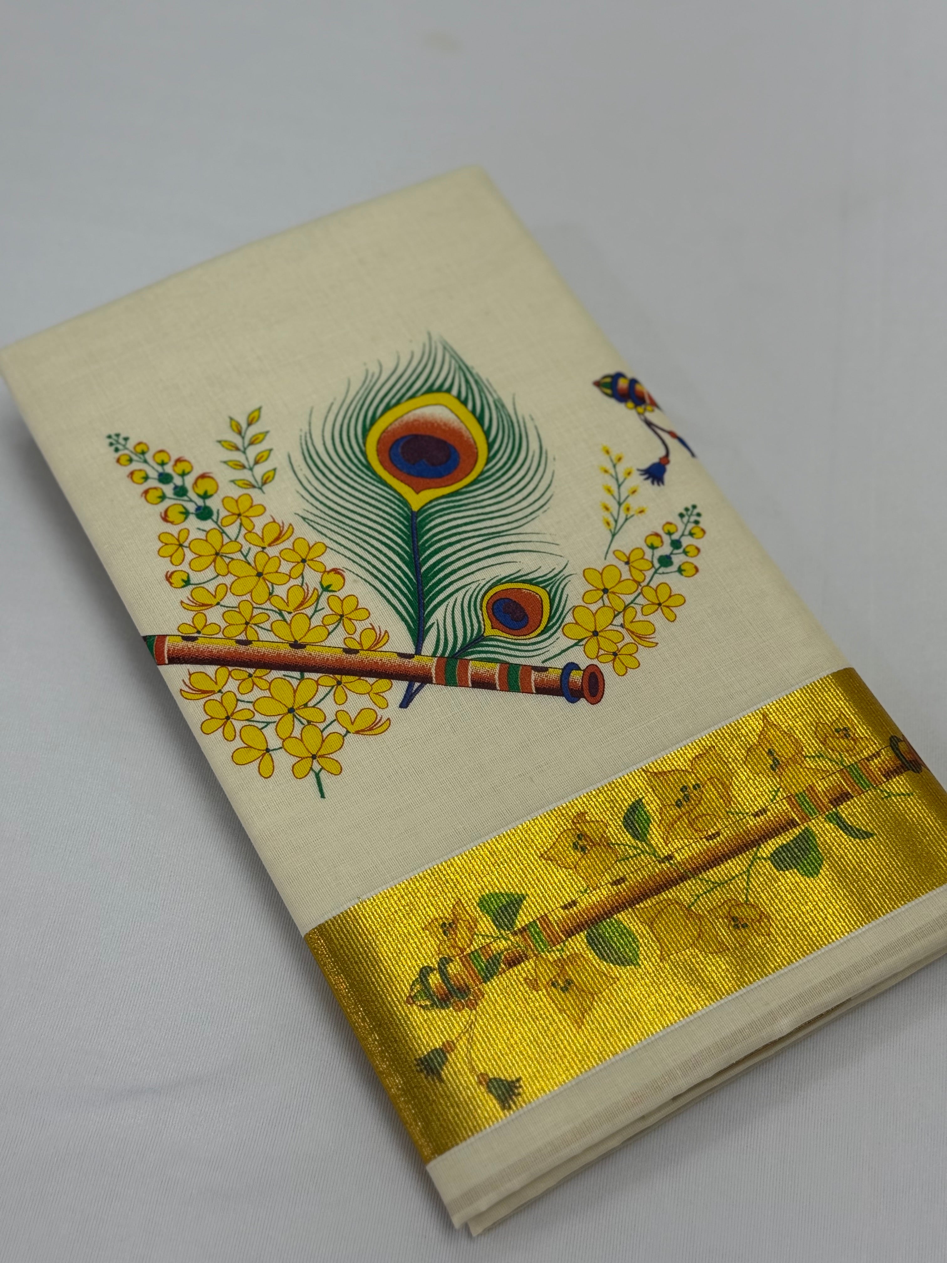 MURAL PAINTED/PRINTED KASAVU COTTON SAREE (GOLD)