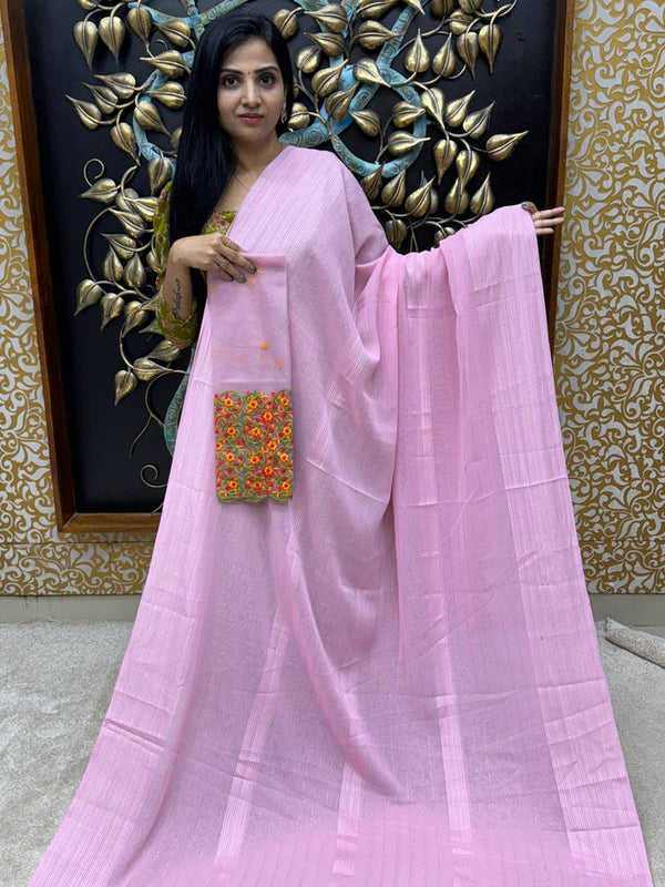 DESIGNER SAREE WITH EMBROIDERY NETTED BLOUSE - PINK