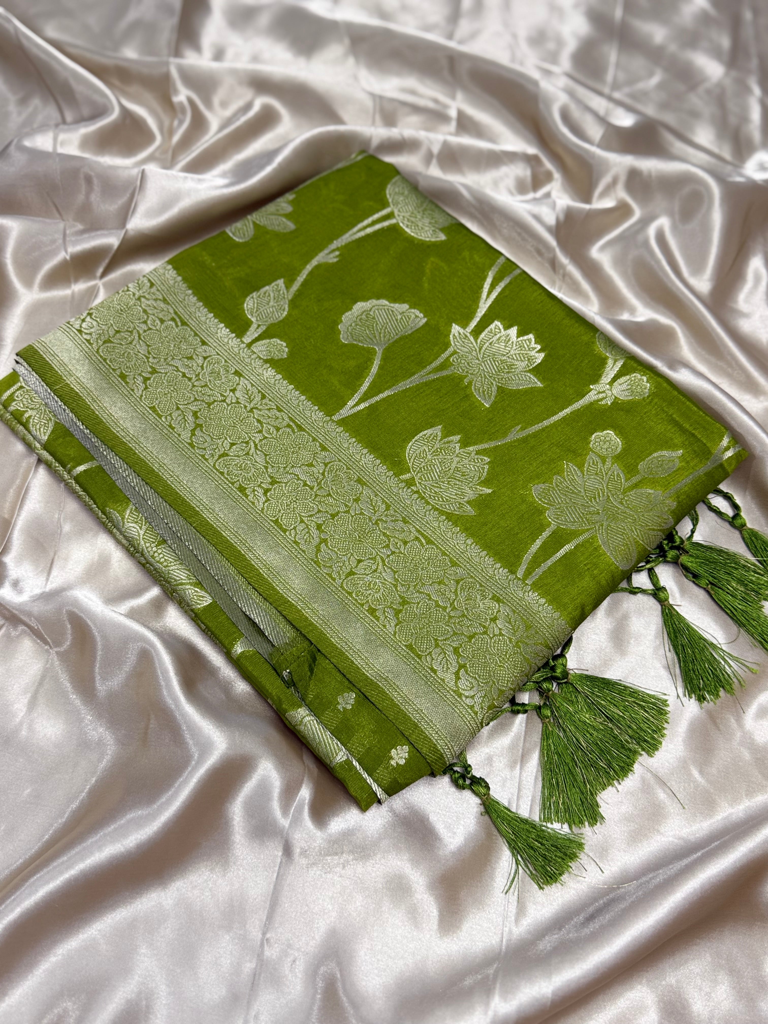 DUPION SOFT SILK SAREE - OLIVE GREEN
