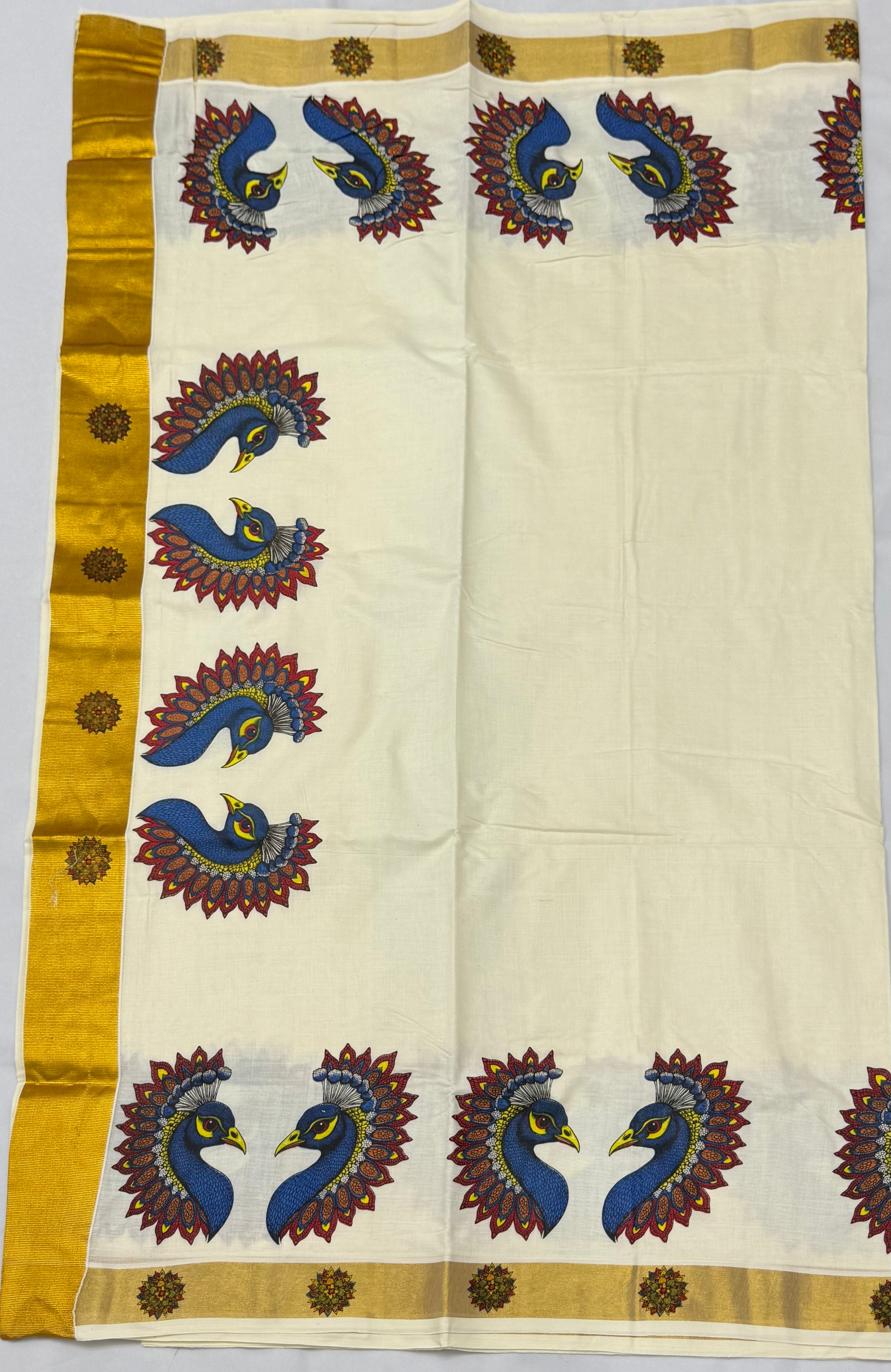 TRADITIONAL PRINTED KASAVU COTTON SAREE (OFF WHITE,GOLD)
