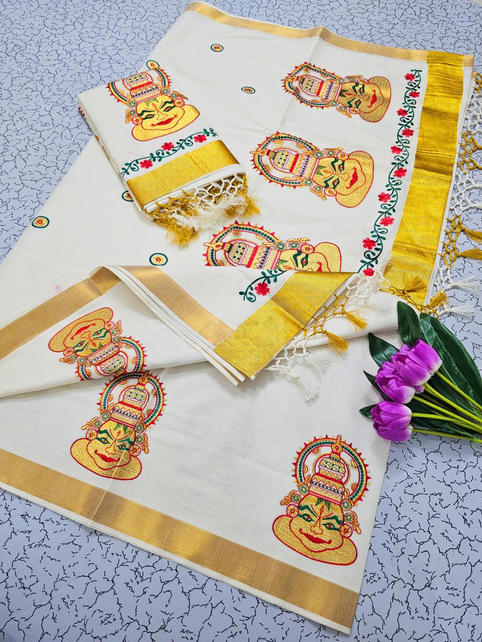 KERALA KASAVU EMBROIDERED COTTON SAREE - GOLD