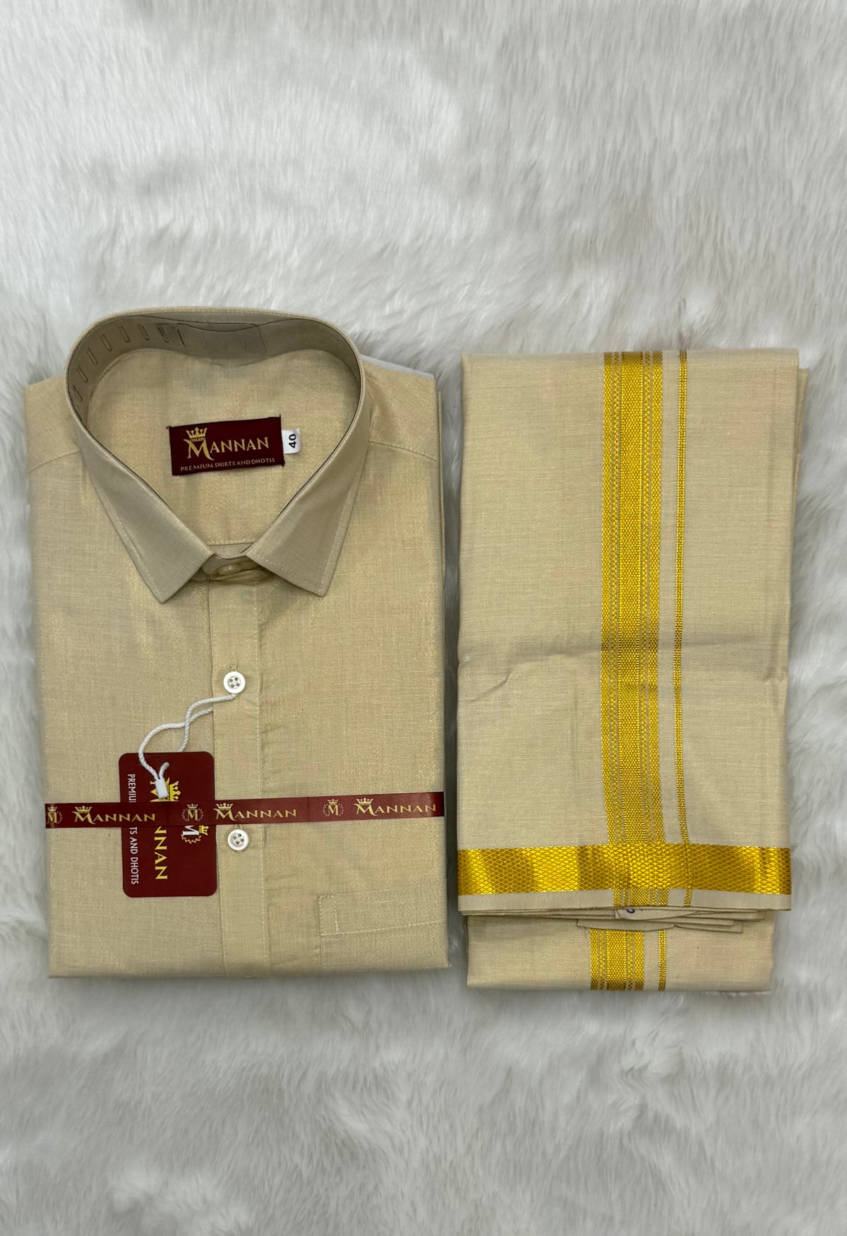MEN'S PREMIUM TISSUE GOLD SINGLE DHOTI & SHIRT SET - CREAM