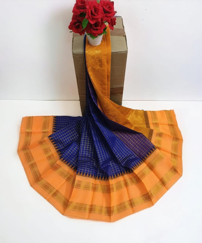 UPPADA SILK COTTON CHECKED SAREES - NAVY BLUE