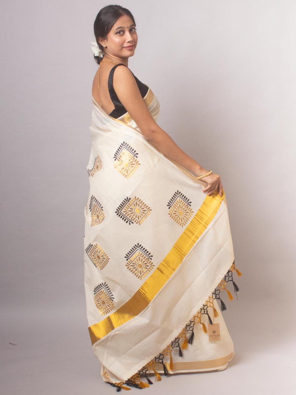 KERALA KASAVU EMBROIDERY COTTON SAREE (GOLD,BLACK)