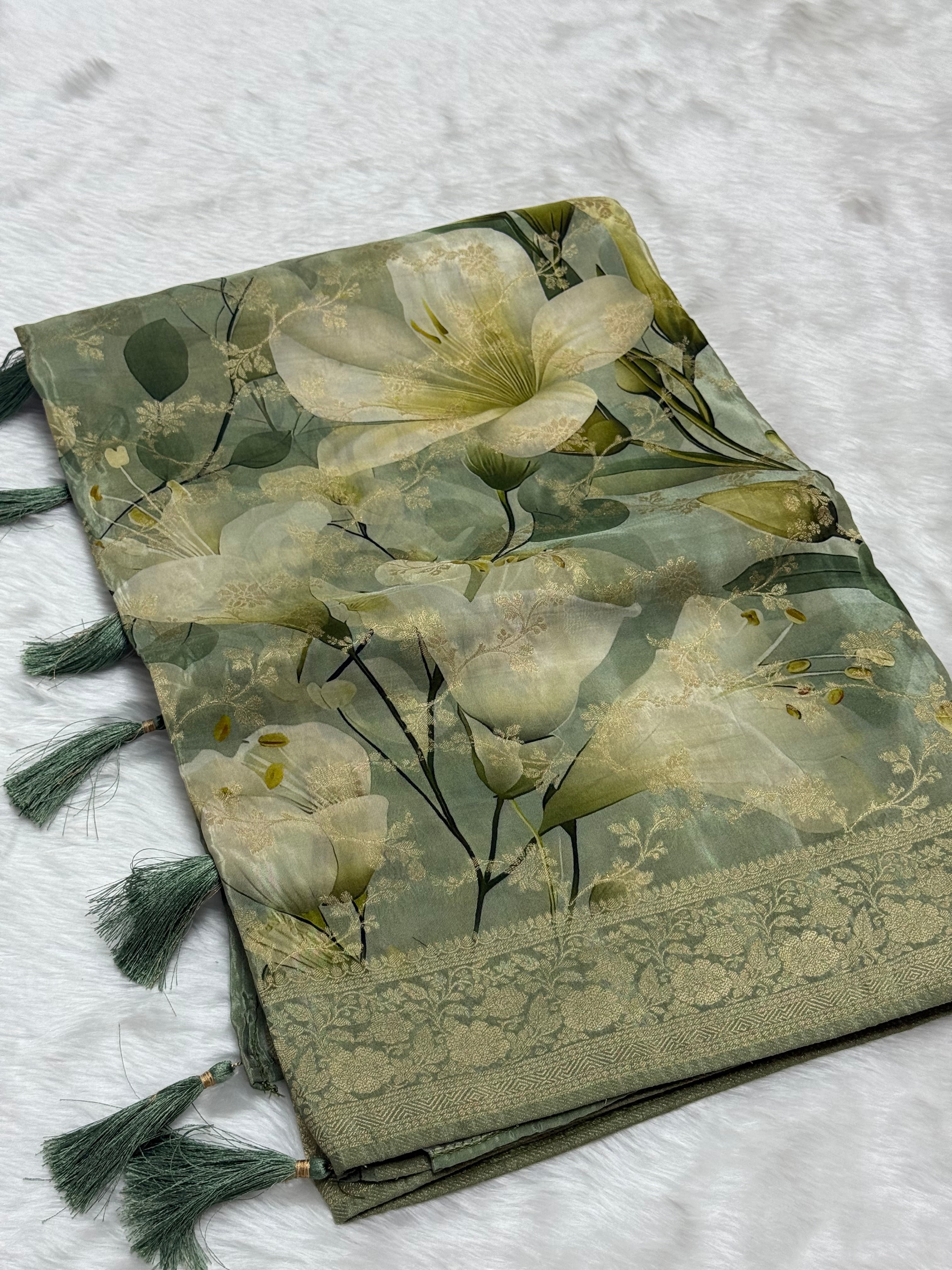 SAGE GREEN FLORAL PRINTED ORGANZA SILK SAREE WOVEN ZARI BORDER AND TASSELS