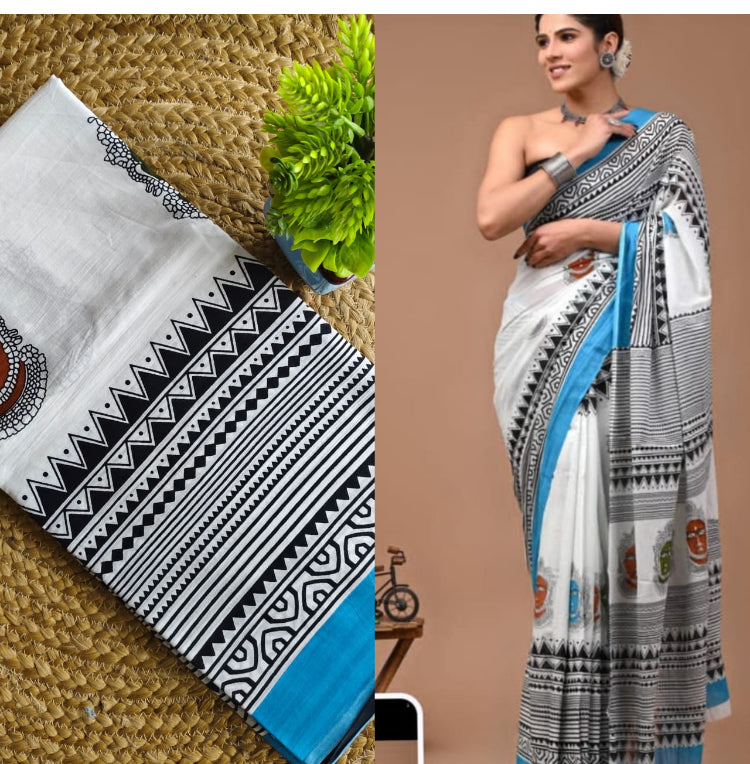 PRINTED MULMUL COTTON SAREE - MULTI