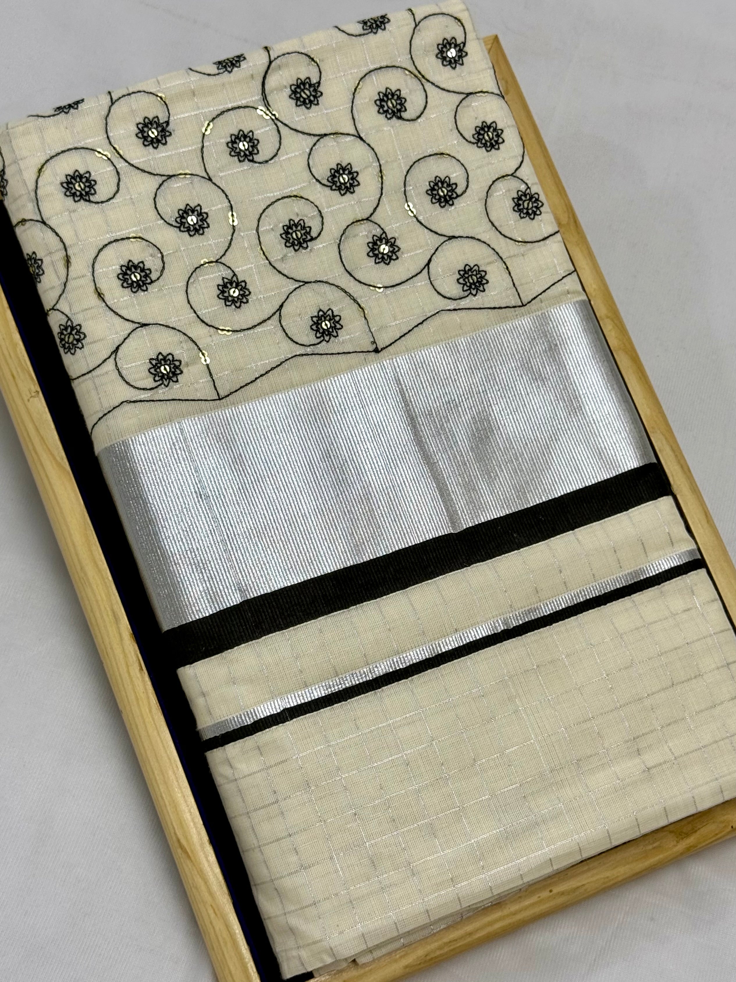 KERALA KASAVU COTTON SEQUIN WORK SAREE - (OFF WHITE,SILVER,BLACK)