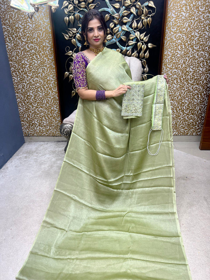 DESIGNER SAREE WITH MATCHING HIP BELT - TEA GREEN