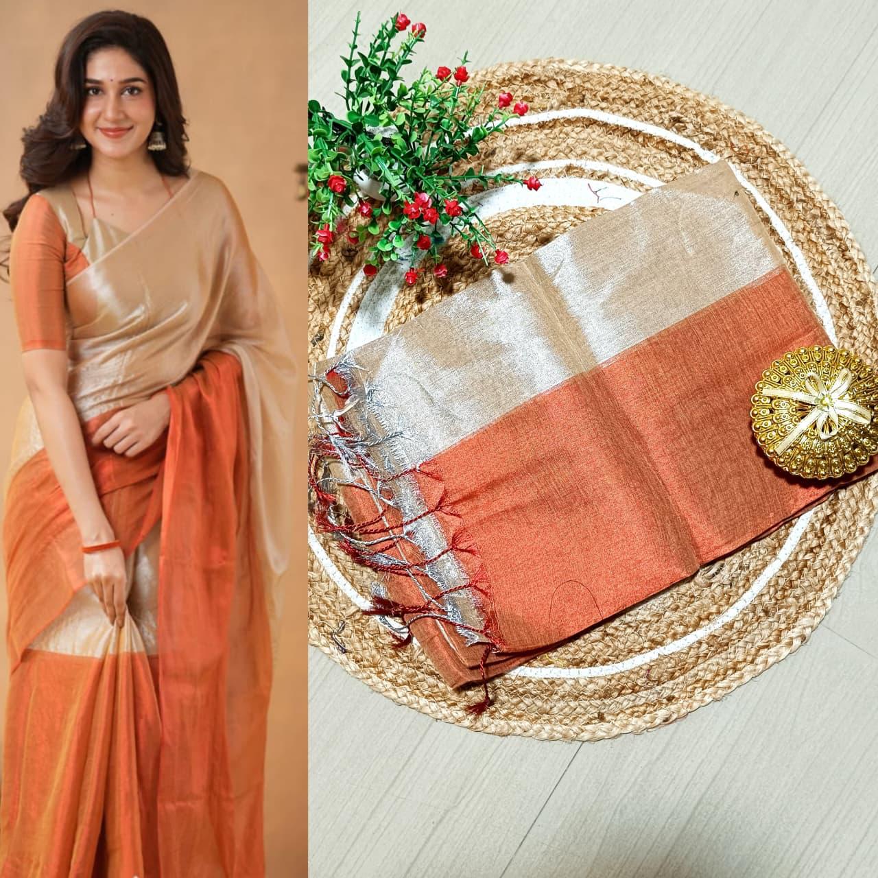 RAGA TISSUE HALF AND HALF SOFT SILK SAREE - ORANGE &SANDAL