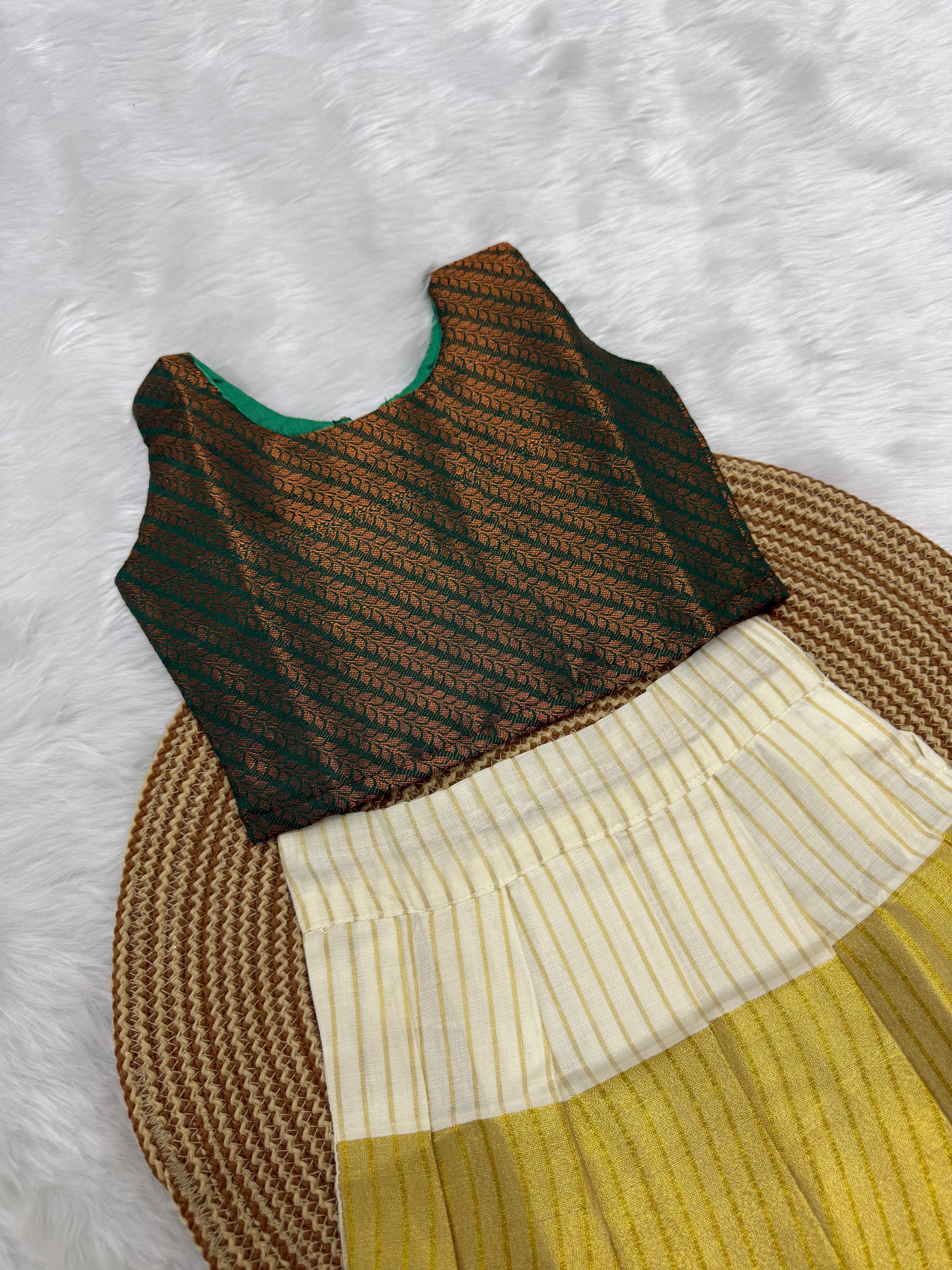 GIRL BABY SILK TOP & KASAVU SKIRT - GREEN & CREAM