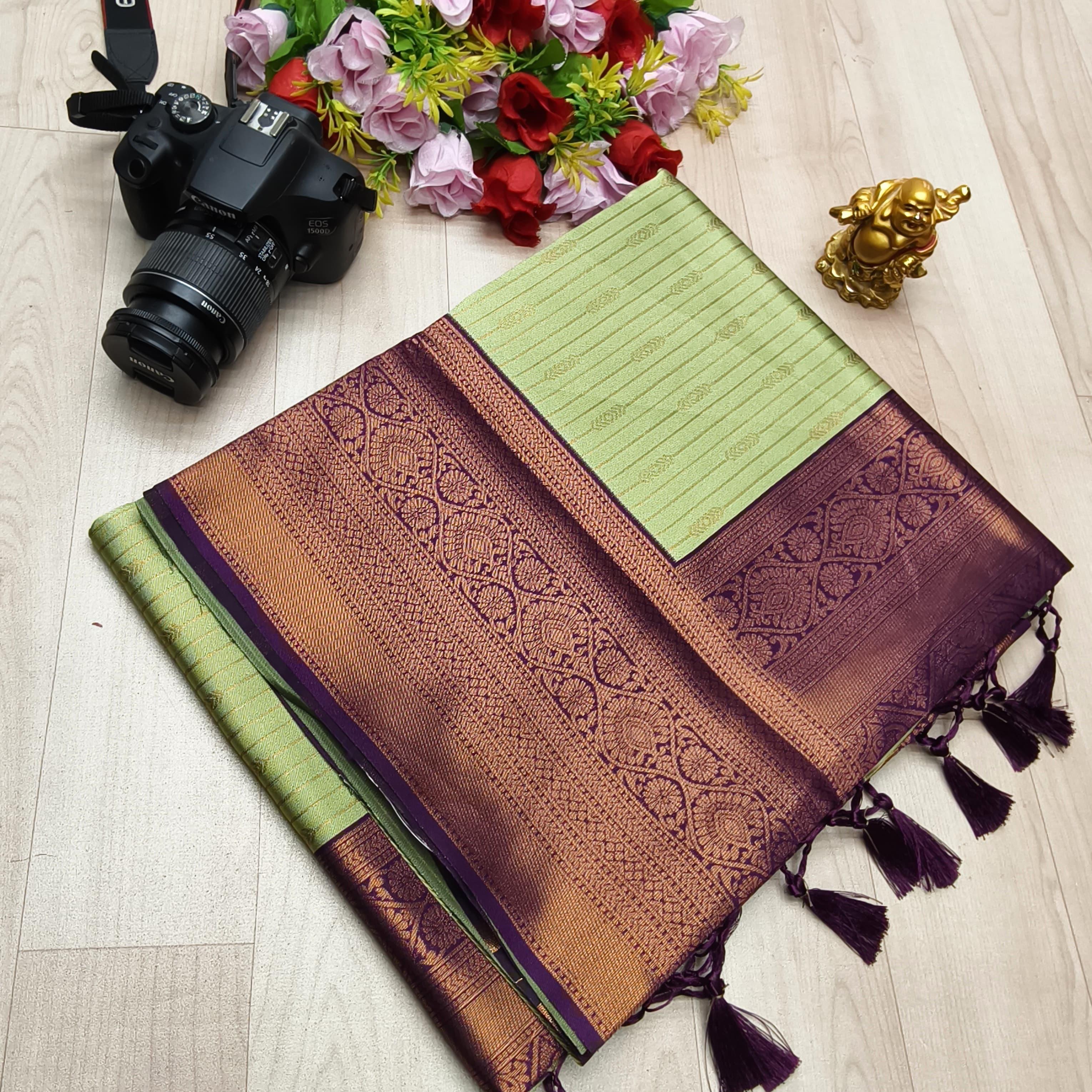 VAIRA OOSI NEON SILK SAREE - TEA GREEN