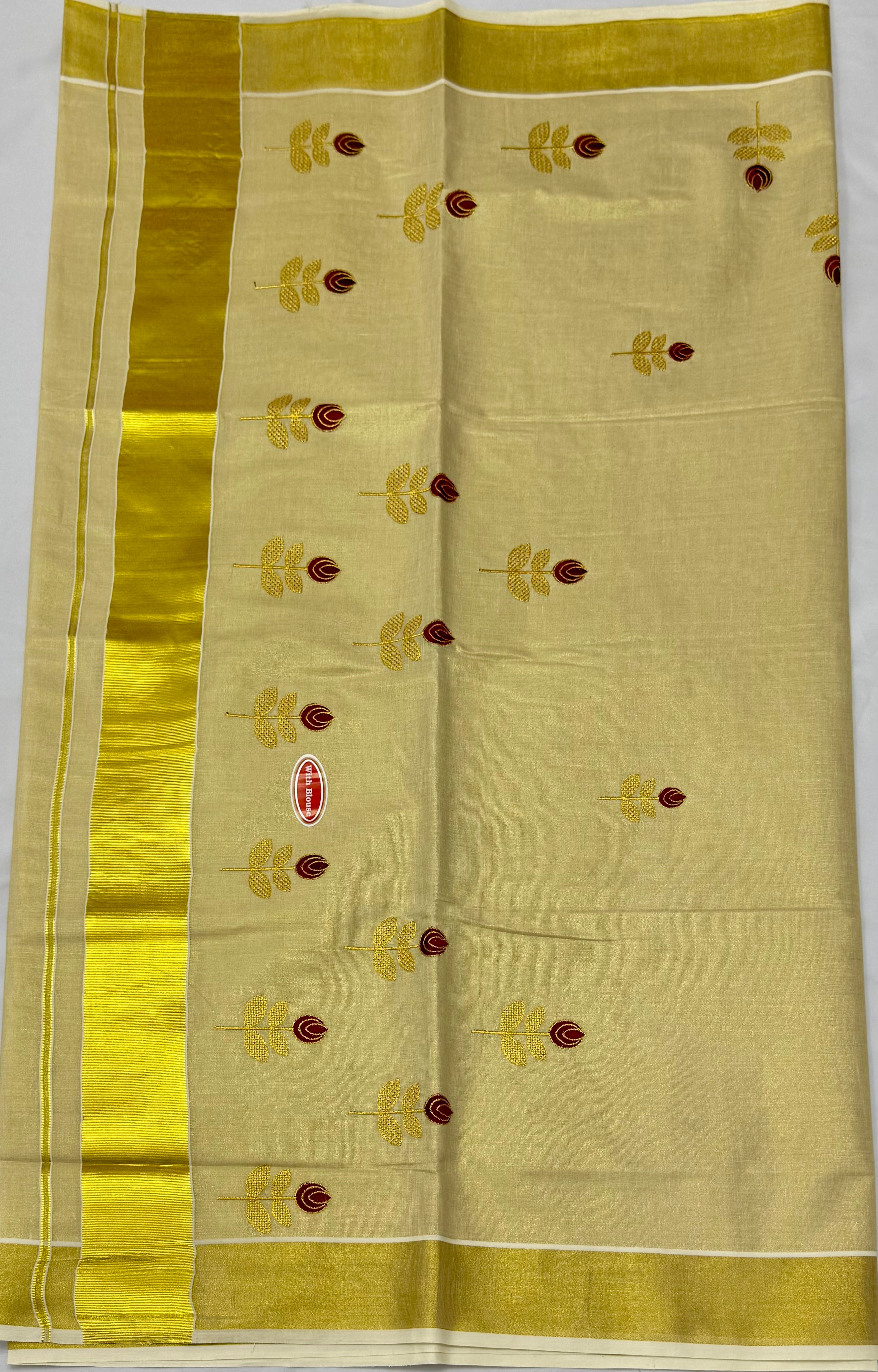 KERALA KASAVU TISSUE SILK EMBROIDERY  SAREE - (GOLD,CREAM)