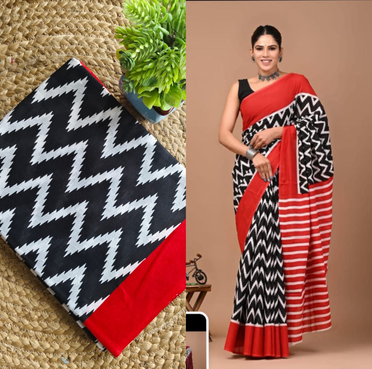 PRINTED MULMUL COTTON SAREE - RED & BLACK